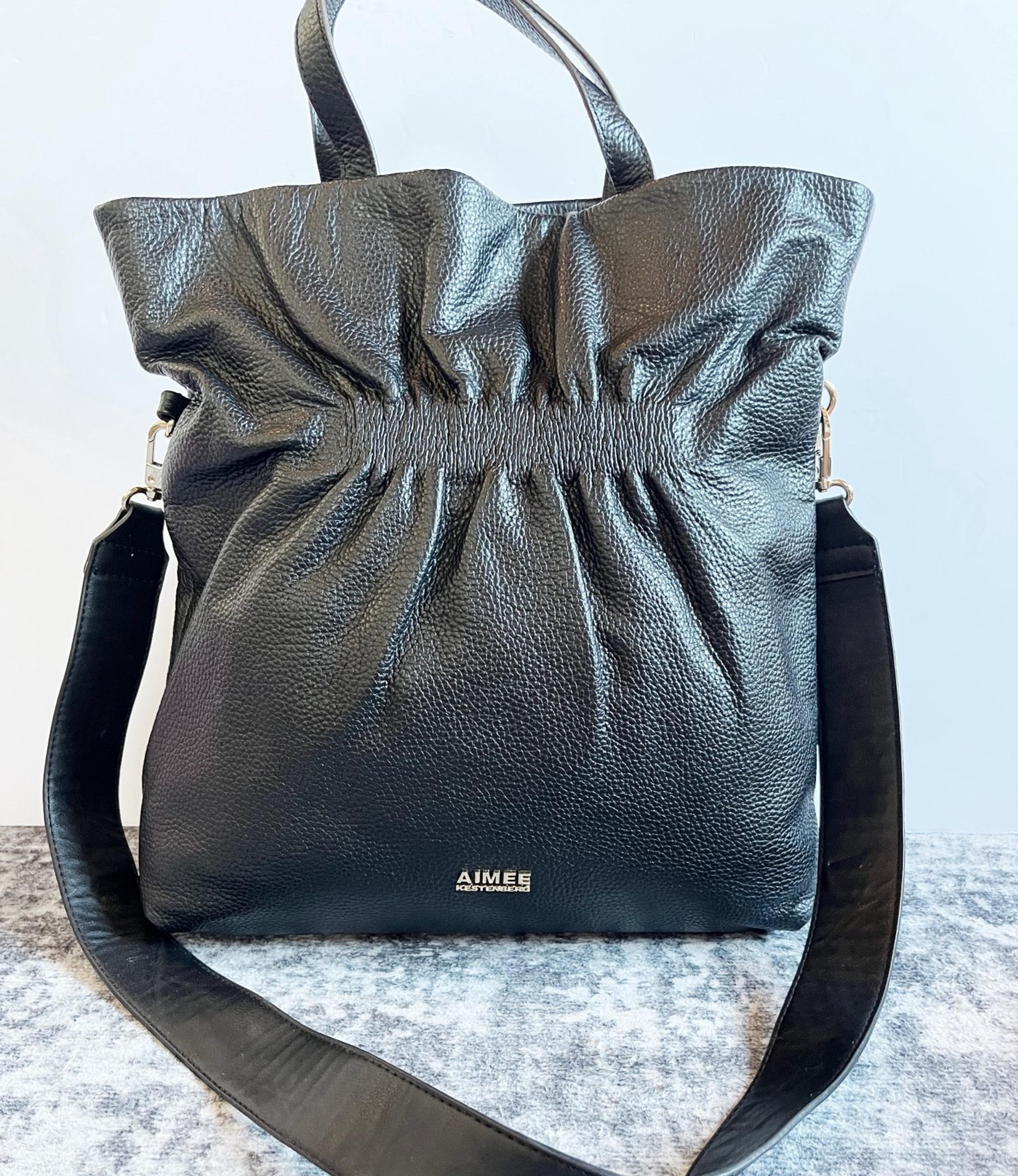 Aimee Kestenberg 5th Avenue Black Leather Large tote bag purse cinch carryall