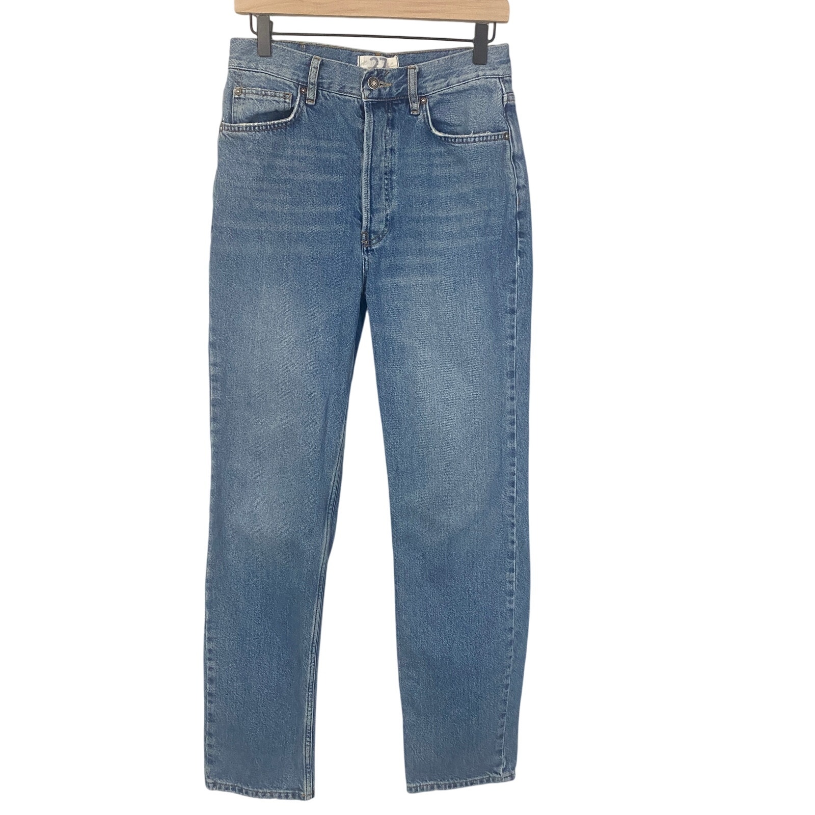 Free People We The Free Light Wash Denim Button Fly Tapered Leg Jean Sz 27