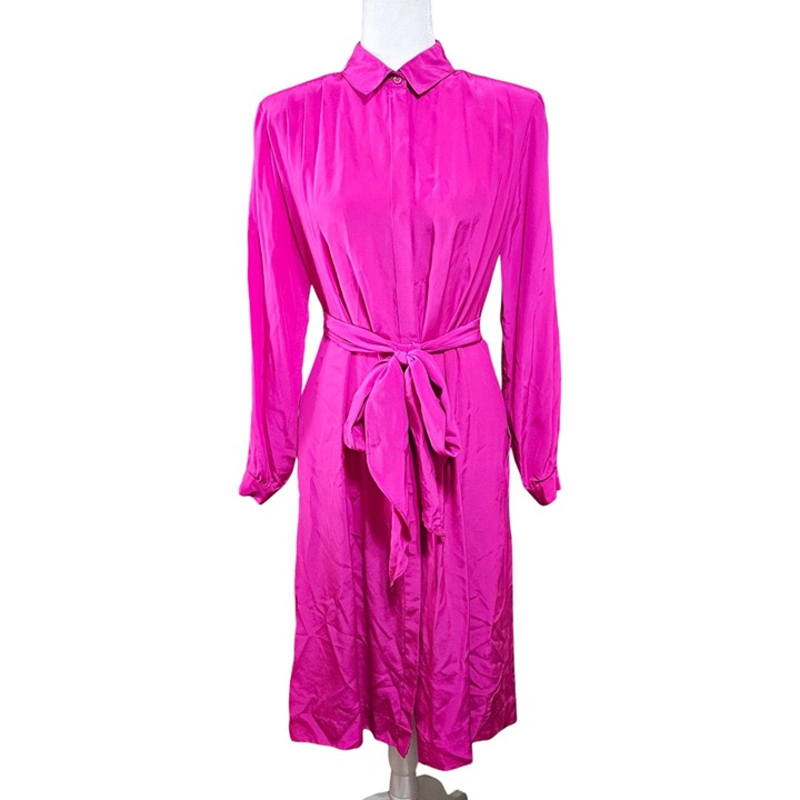 Vintage Halston lll 100% Silk Shirt Dress Belted Womens 8 Hot Pink Hong Kong