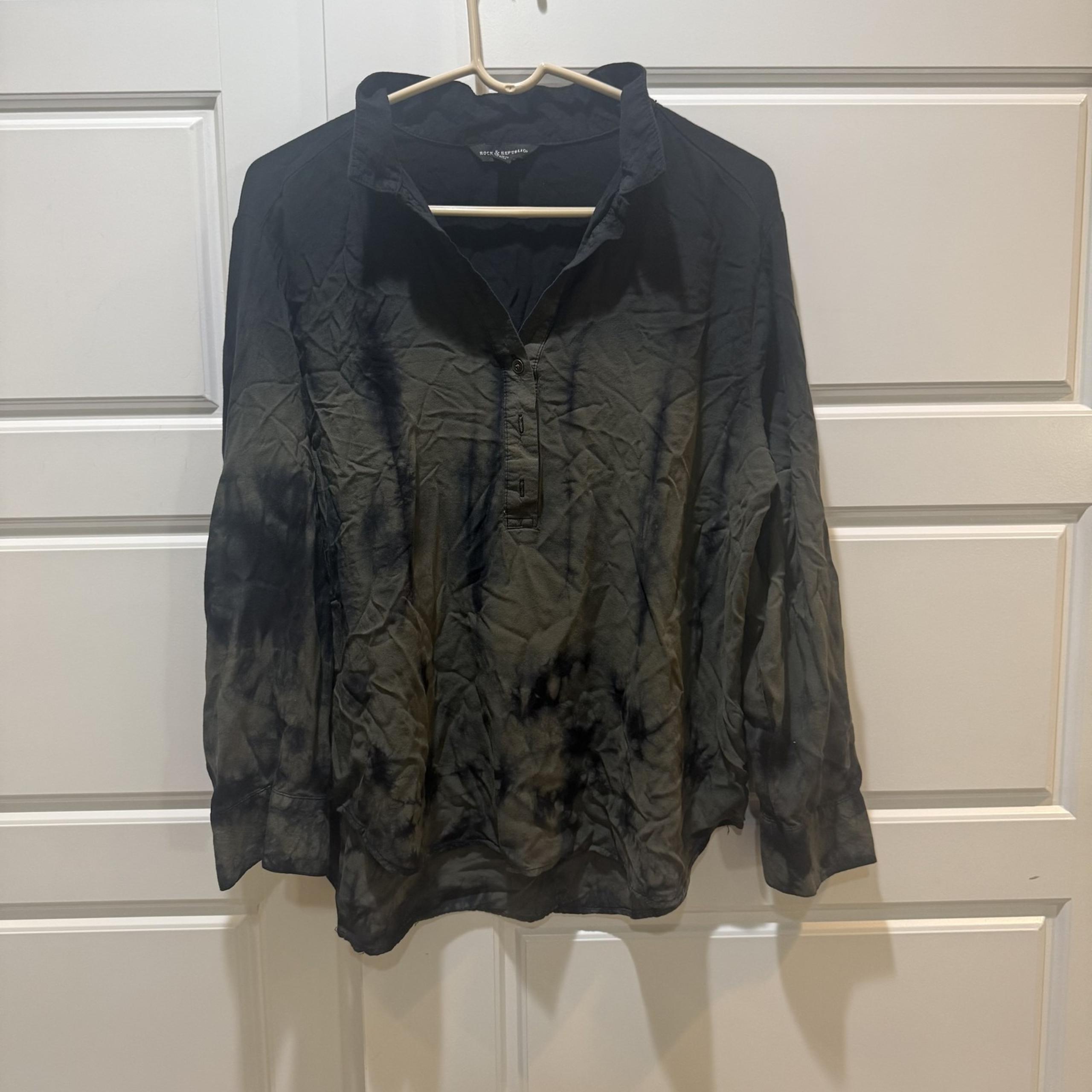 Rock & Republic Shirt Mens Large Black Gray Tie Dye Button Up Long Sleeve Top