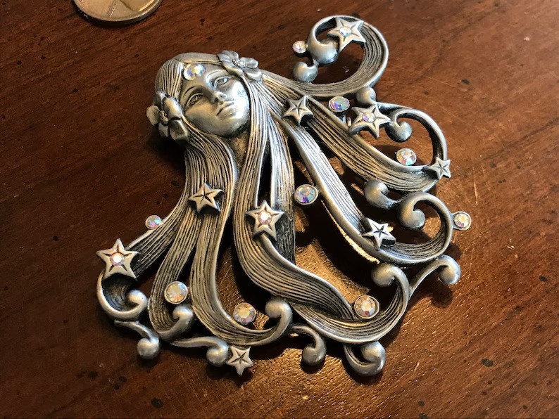 Vintage Goddess Asteria Brooch by Jonette Jewelry Silver Art Nouveau