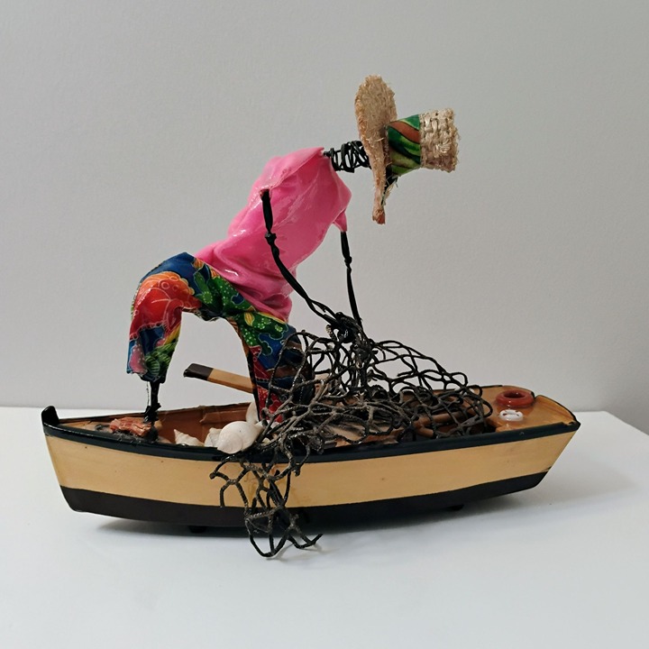 Handcrafted Fisherman Figurine On Boat, Caribbean Folk Art, Wire & Paper Mache