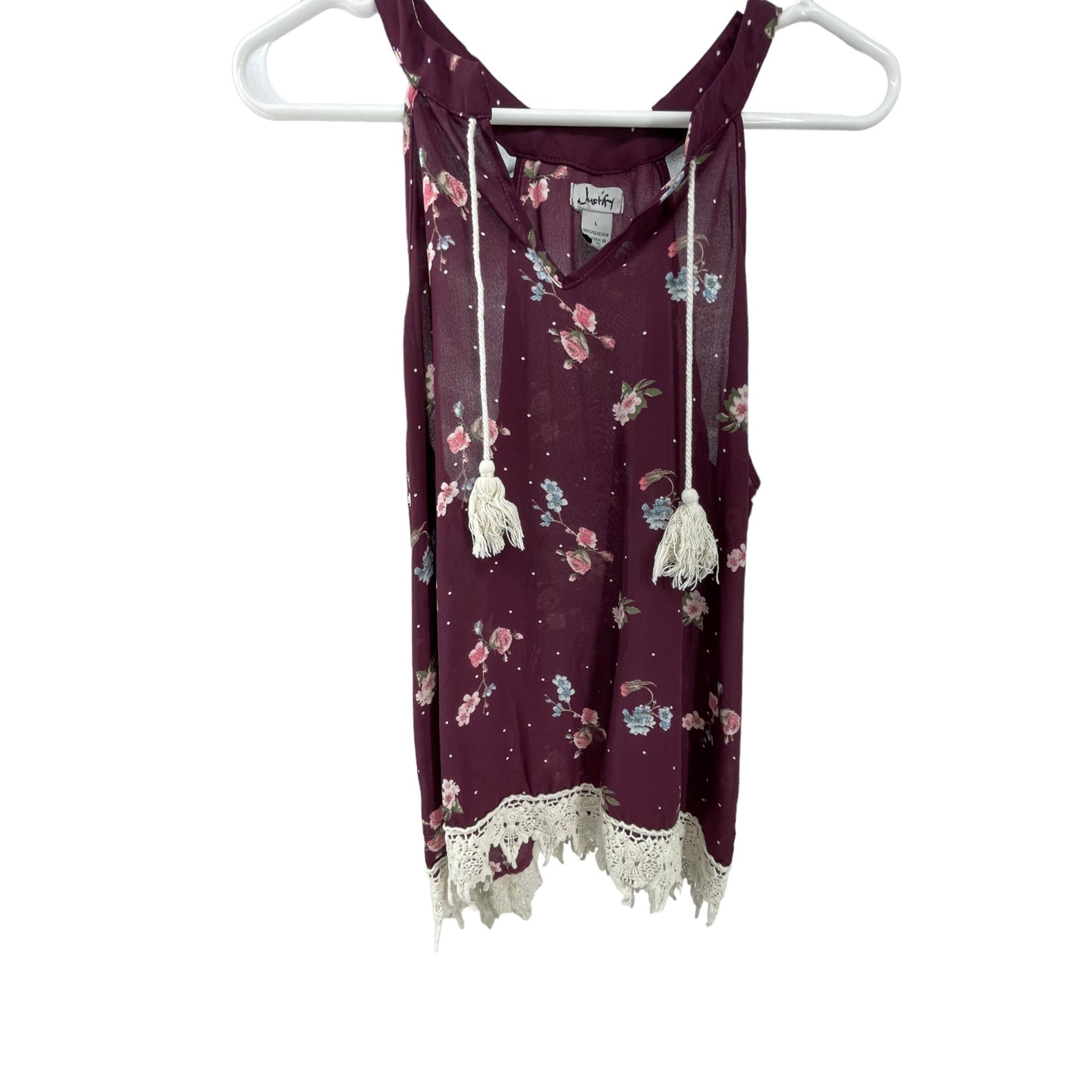 Justify Burgundy Floral Tassel Tie Sleeveless Blouse Women's Size Large