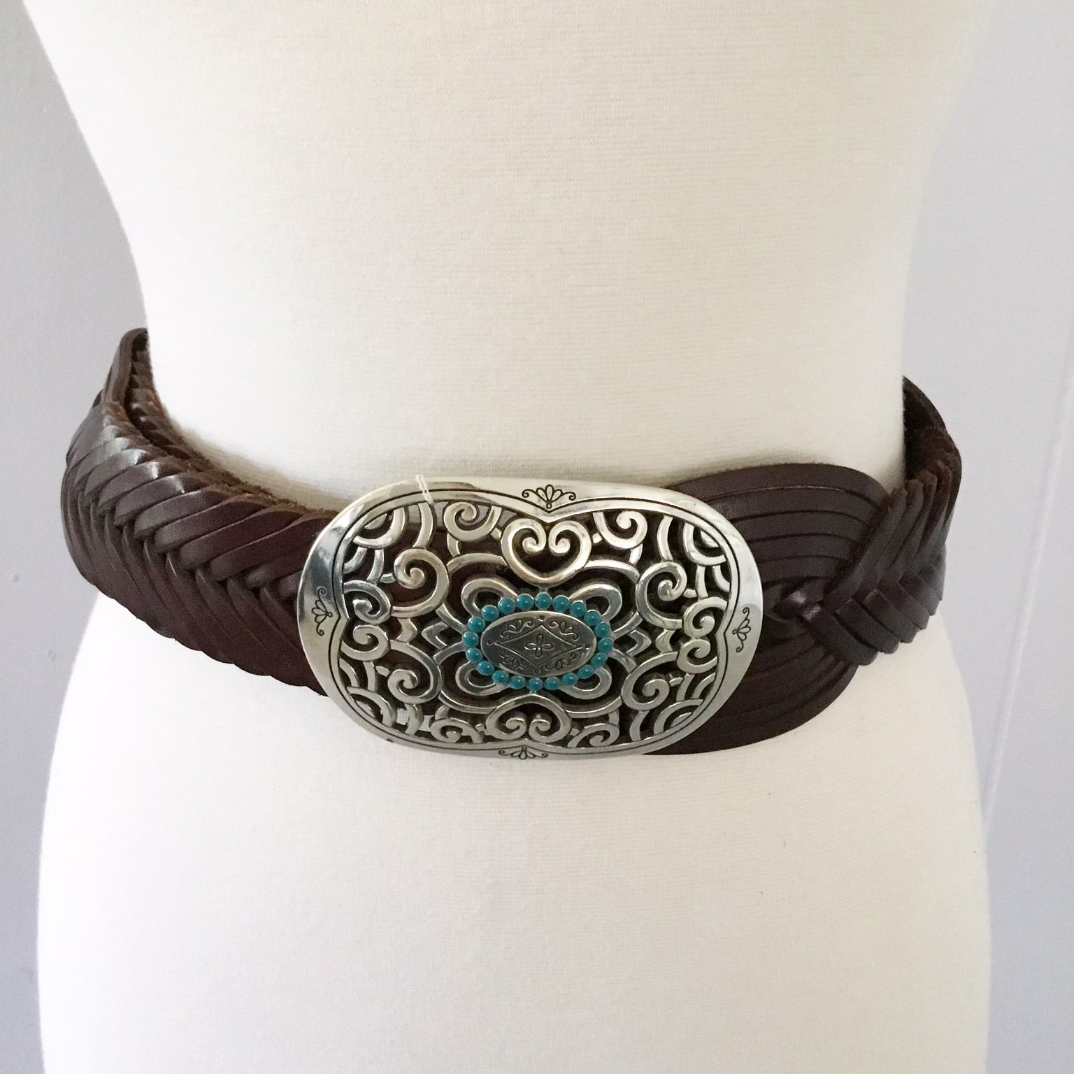 Brighton Leather Brown Belt Will Silver Buckle & Turquoise Color Size 34 New