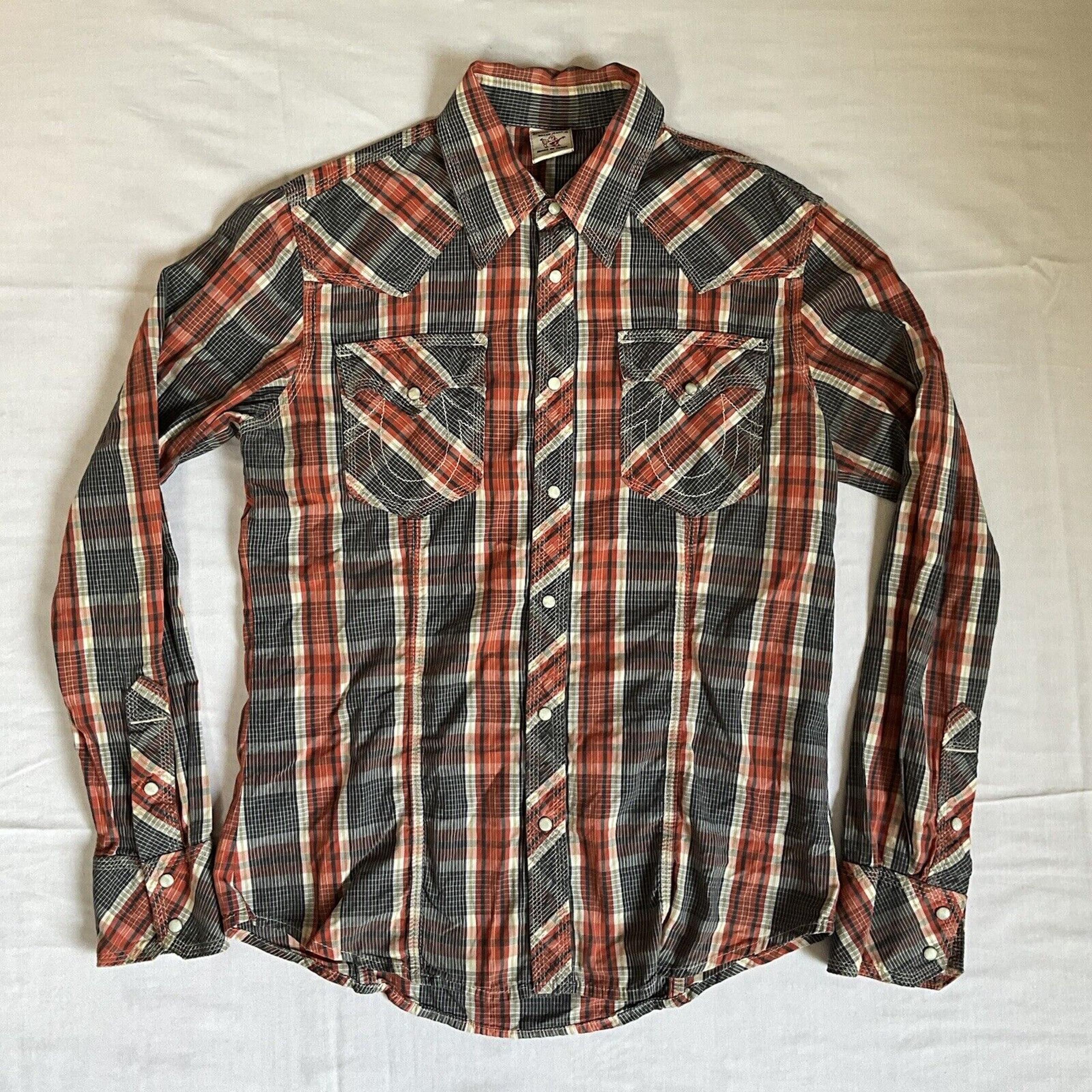 True Religion Shirt Mens Orange Black Plaid Western Pearl Snap Up Large