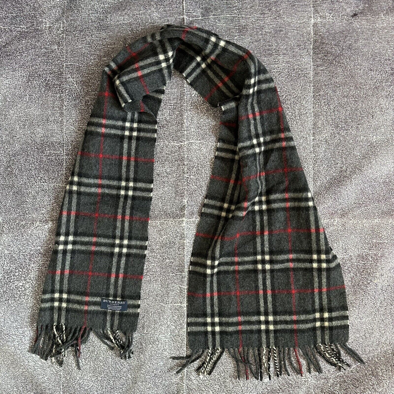 Women's Burberry Gray Black Red Plaid Nova Check Fringe Cashmere Neck Wrap Scarf