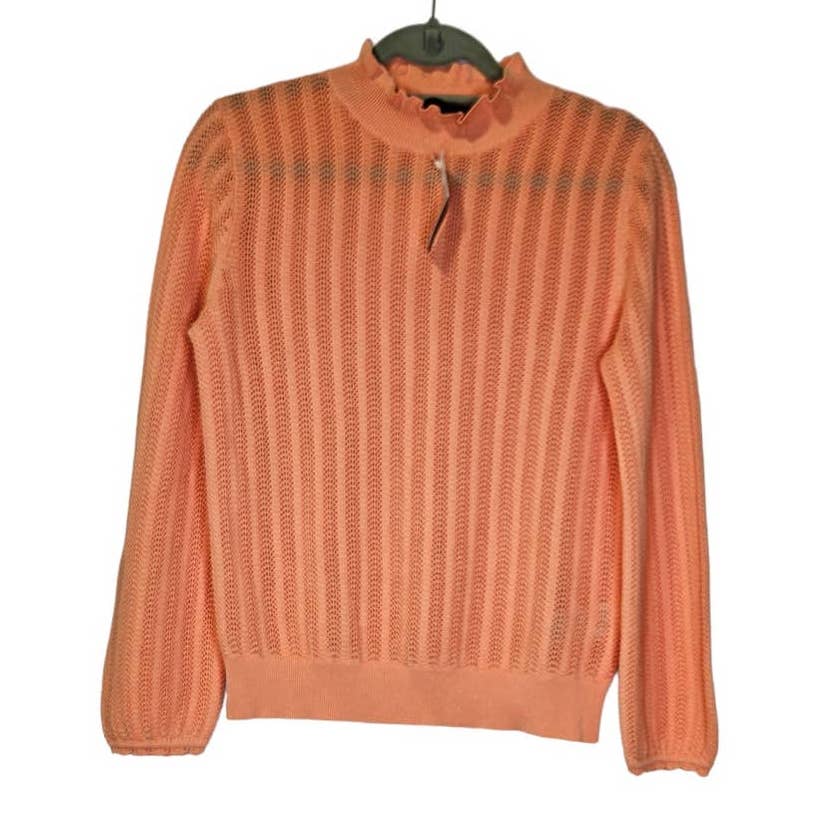 NEW J.Crew S Pointelle Ruffle Mockneck Sweater Orange Sheer Cotton Preppy