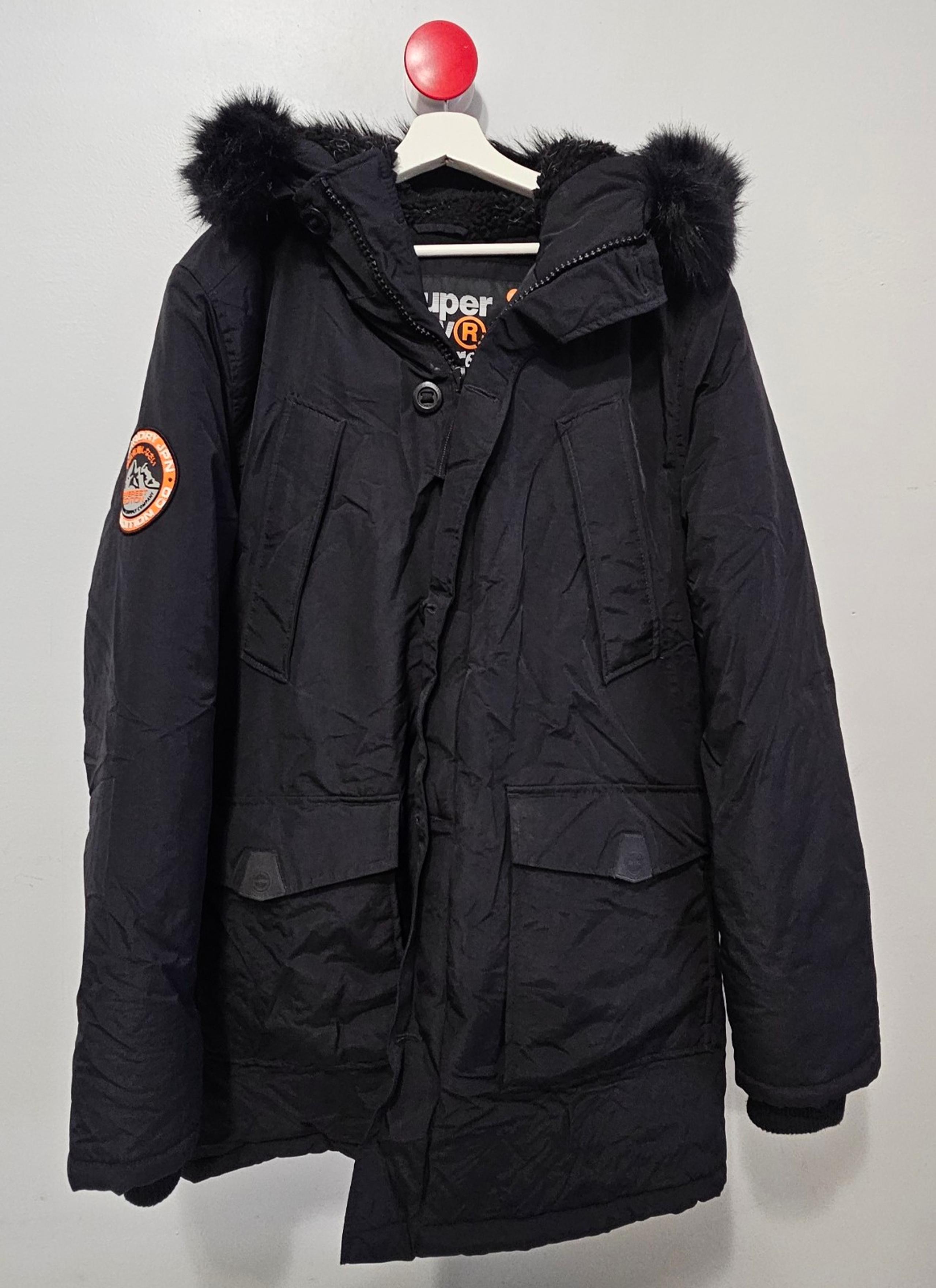 Sz-XXL Superdry Everest Mountain Parka Men Black Full Zip Faux Fur Hood Jacket