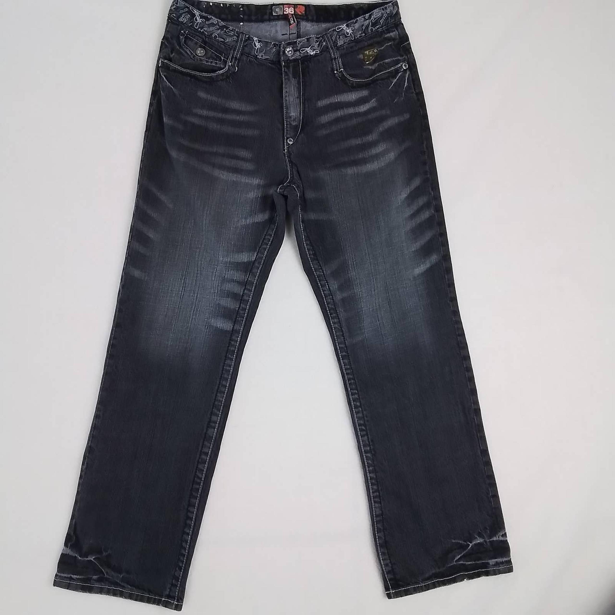 Akademiks 90's Style Hip Hop Jeans Size 36x32 in Faded Black w/ Egyptian Theme