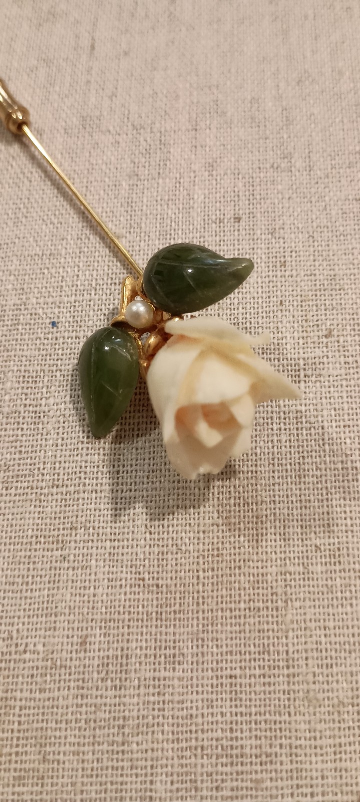 Vintage Carved Bone Jadeite Real Pearl Flower Brooch Stick Pin