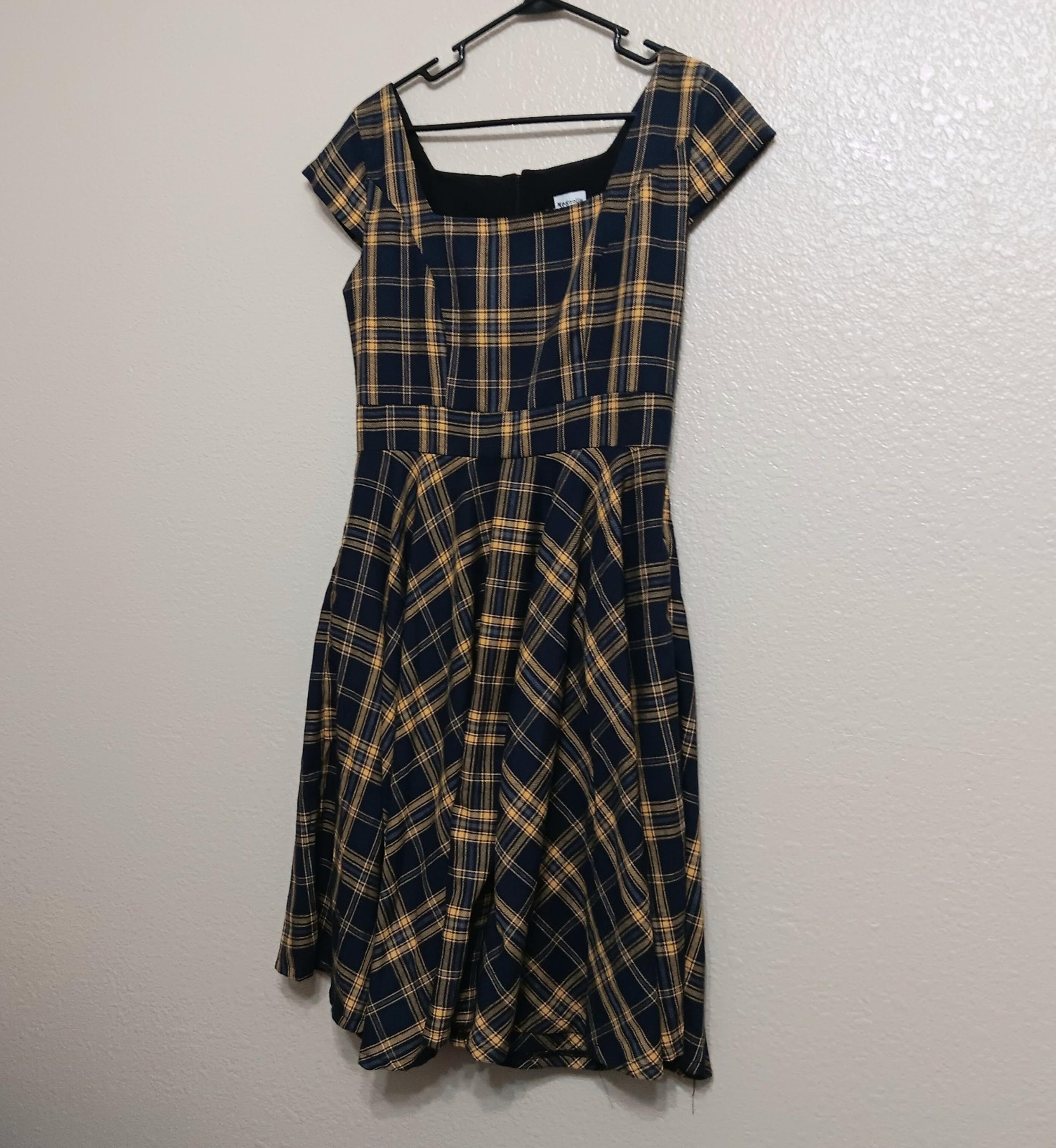 Magnolia Place Unique Vintage Blue Yellow Plaid Midi Dress
