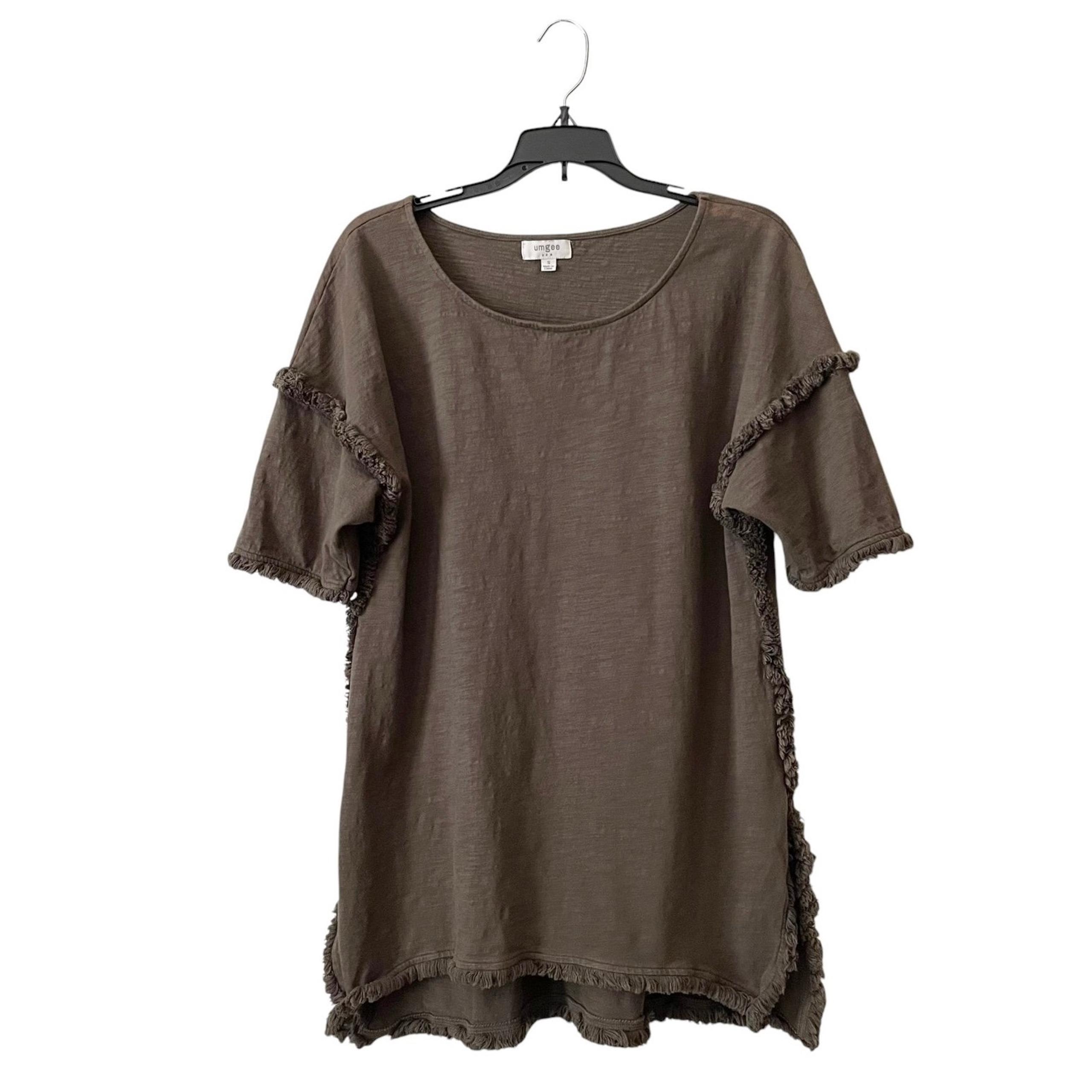 Umgee Top Women's Size S Olive Brown Short Sleeve Fringe Relaxed Side Slits Boho
