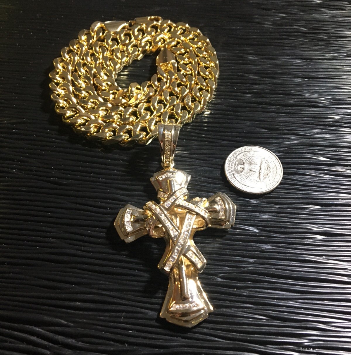14 K Gold Plated Iced Out Cross Pendant & Chain
