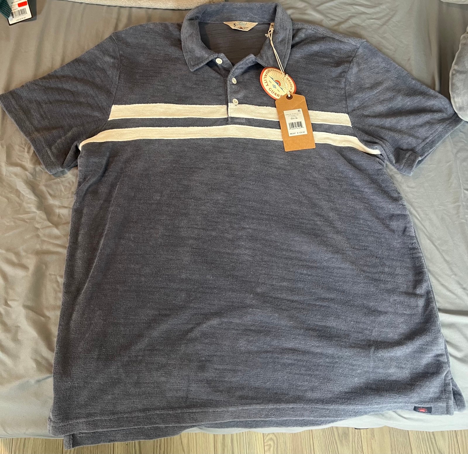Faherty Polo Shirt Mens Medium Blue White Cabana Towel Terry Toweling Surf