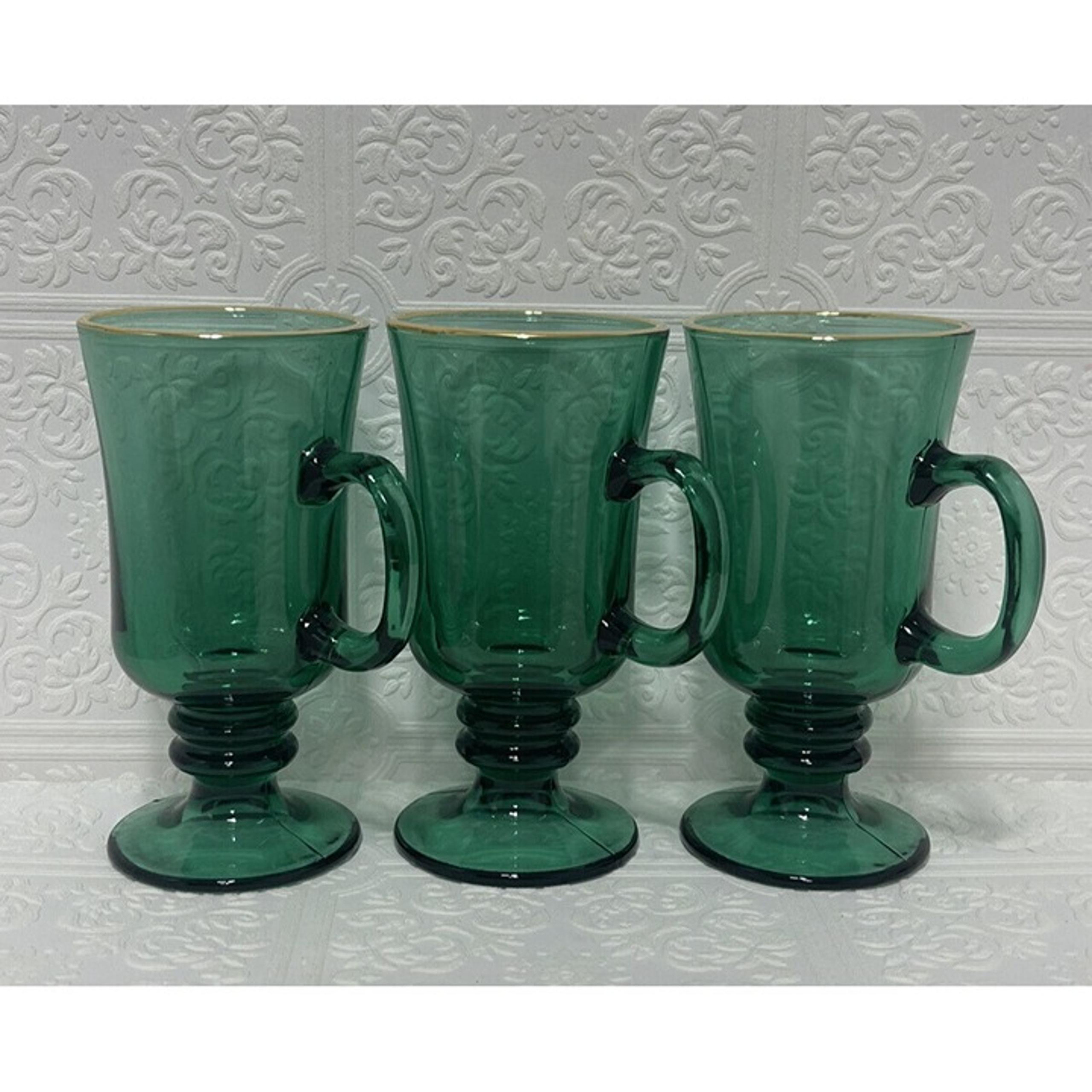 3 Emerald Green Irish Glass Mugs With Gold Rim On Pedestal Christmas Holiday Mug