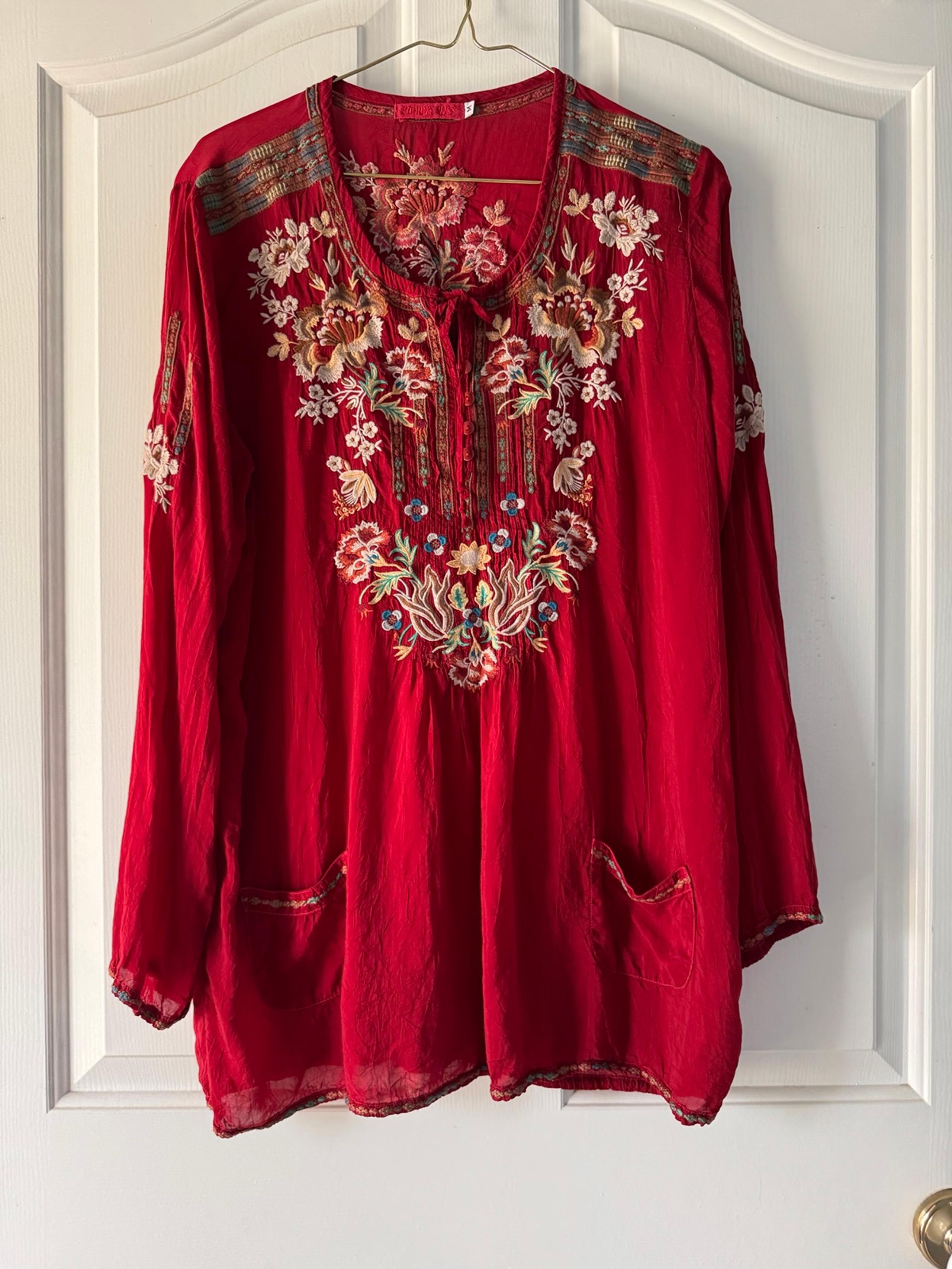 Johnny Was red embroidered tunic blouse, size medium