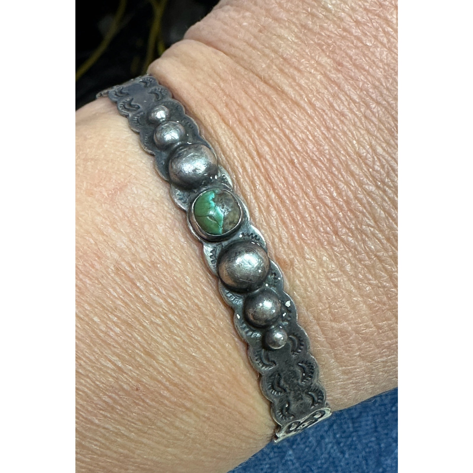 Vintage IH Native American Coin Silver Turquoise Fred Harvey Era Cuff Bracelet