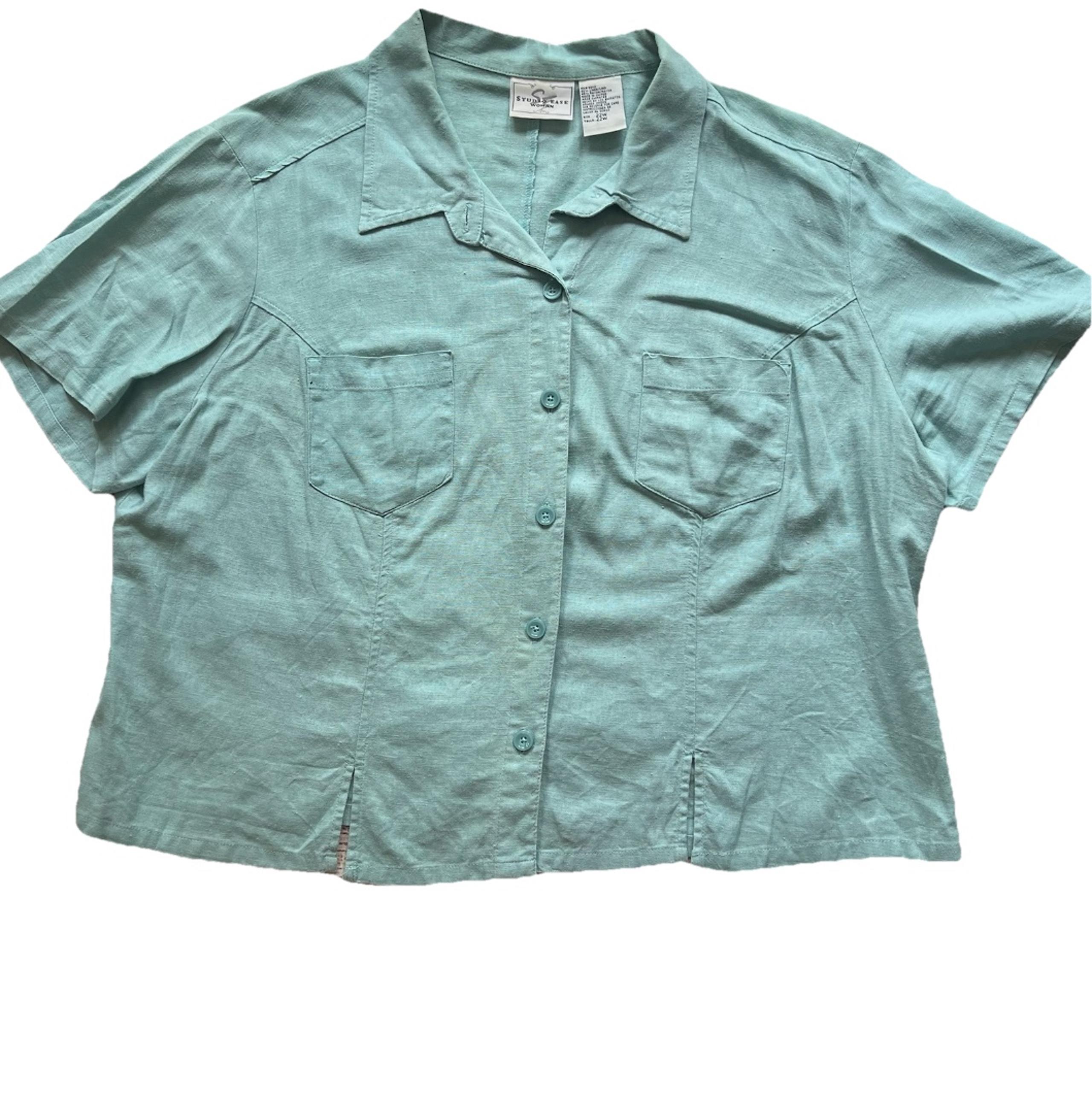 Vintage 90s Studio Ease Linen Cropped Green Button Up Top Shirt Womens 2X Summer