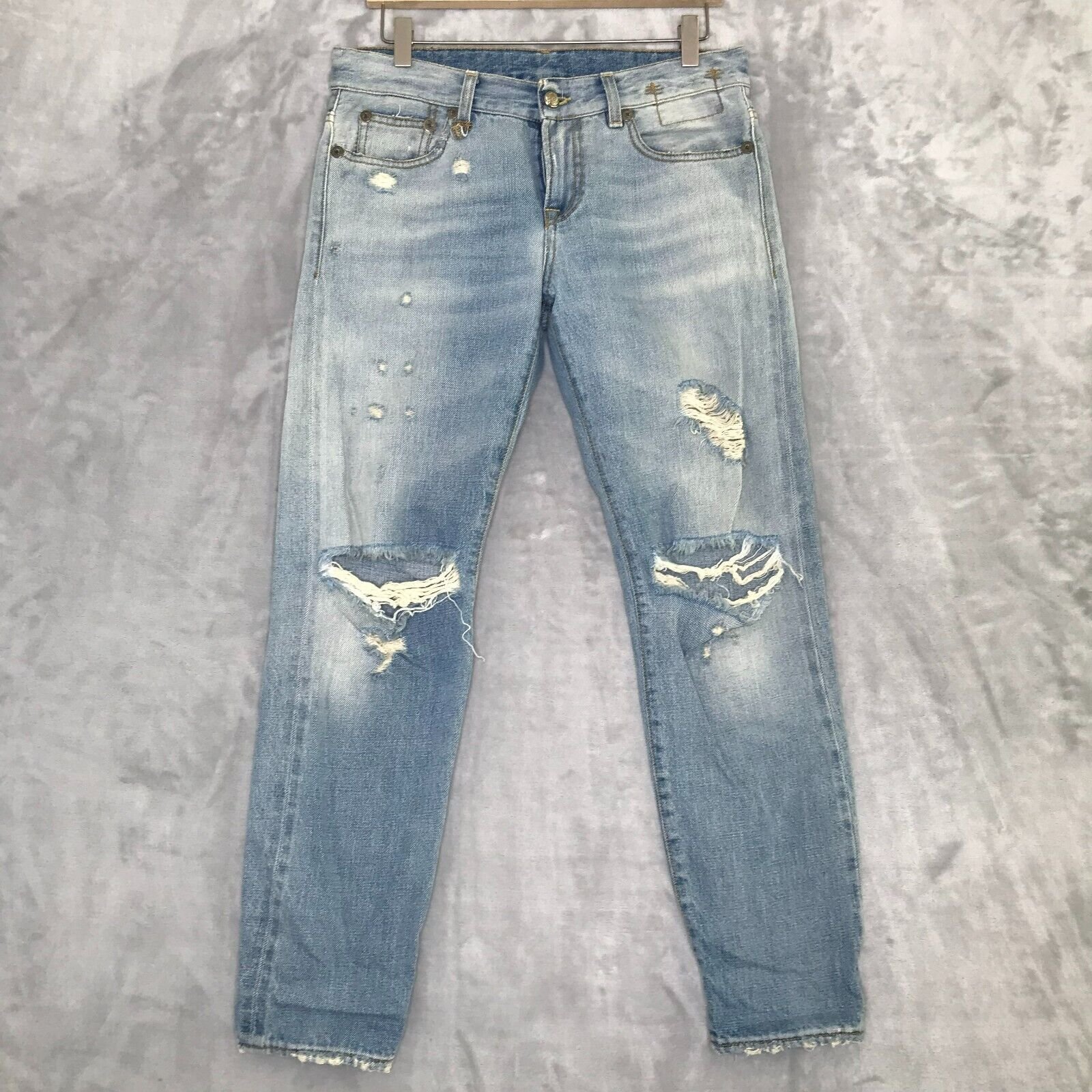 R13 Relaxed Skinny Denim Womens 27 Light Wash Distressed Pleated Ankle