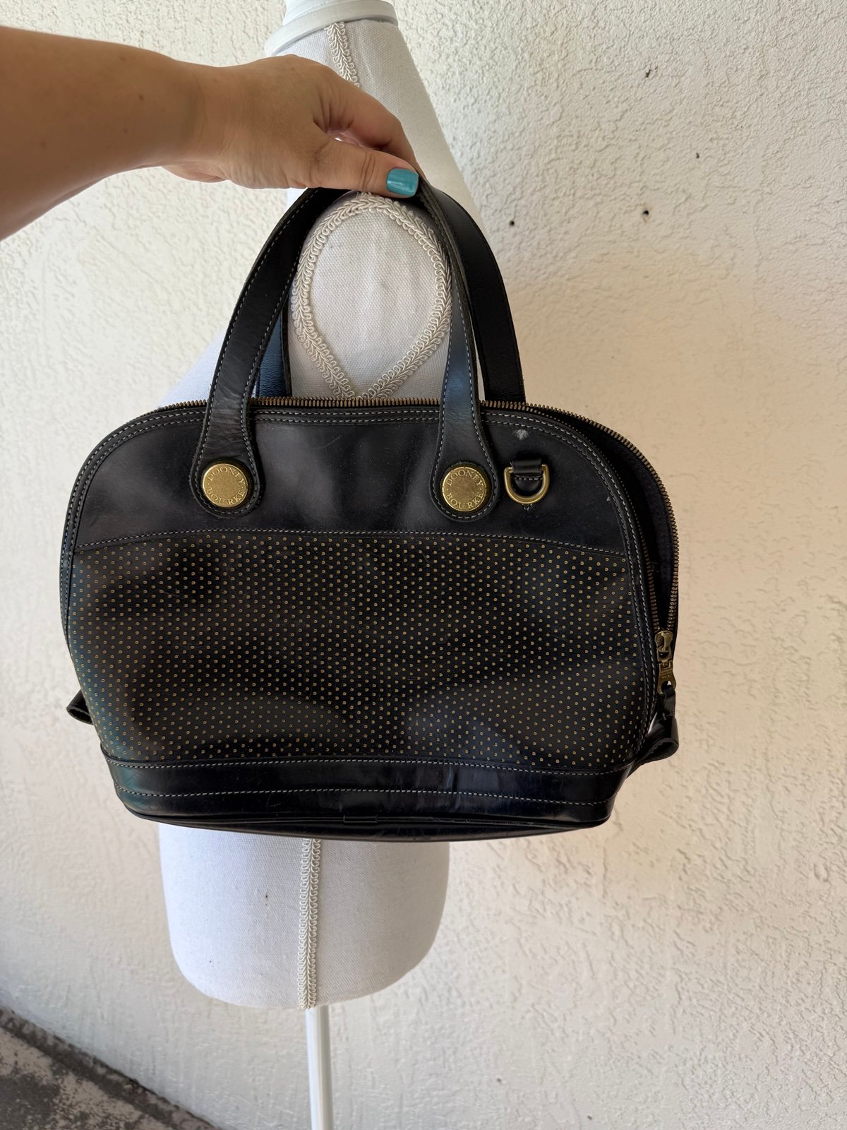 GORGEOUS VTG Dooney & Bourke Leather Cabriolet Black Polka Satchel Handbag