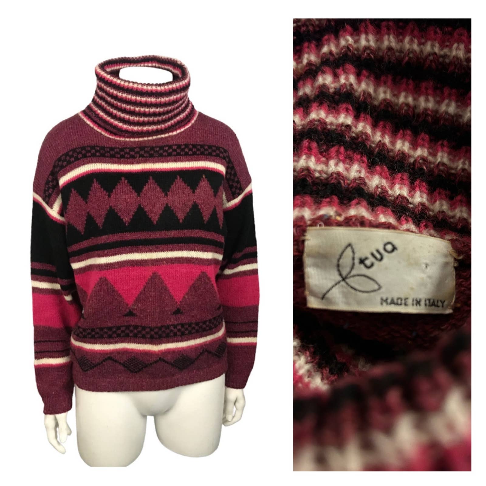 1990s Pink and Black Stripe Turtleneck Crop Sweater / Women’s Medium *