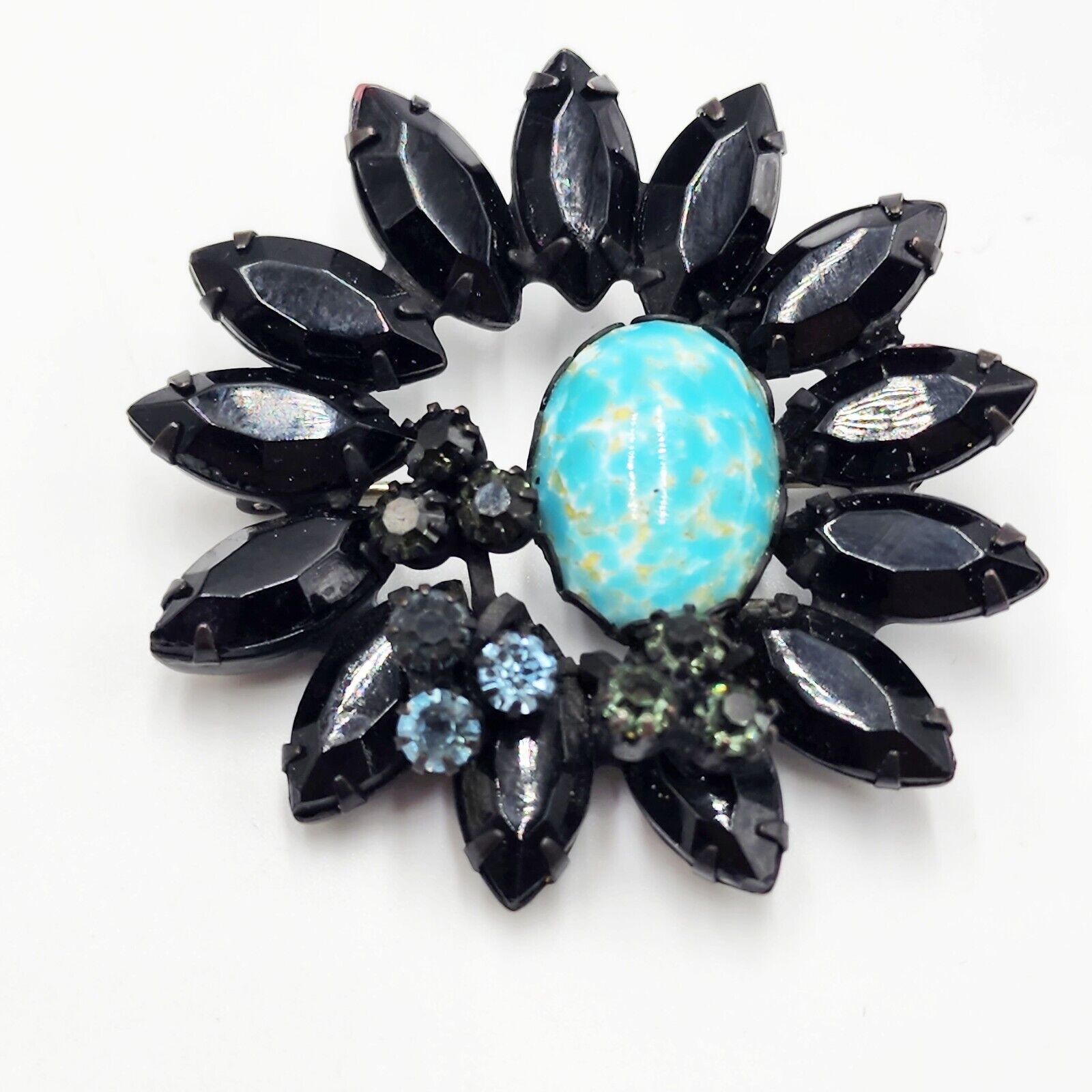 Vintage Signed WEISS Real Turquoise Black Prong Marquise Rhinestone Brooch Pin