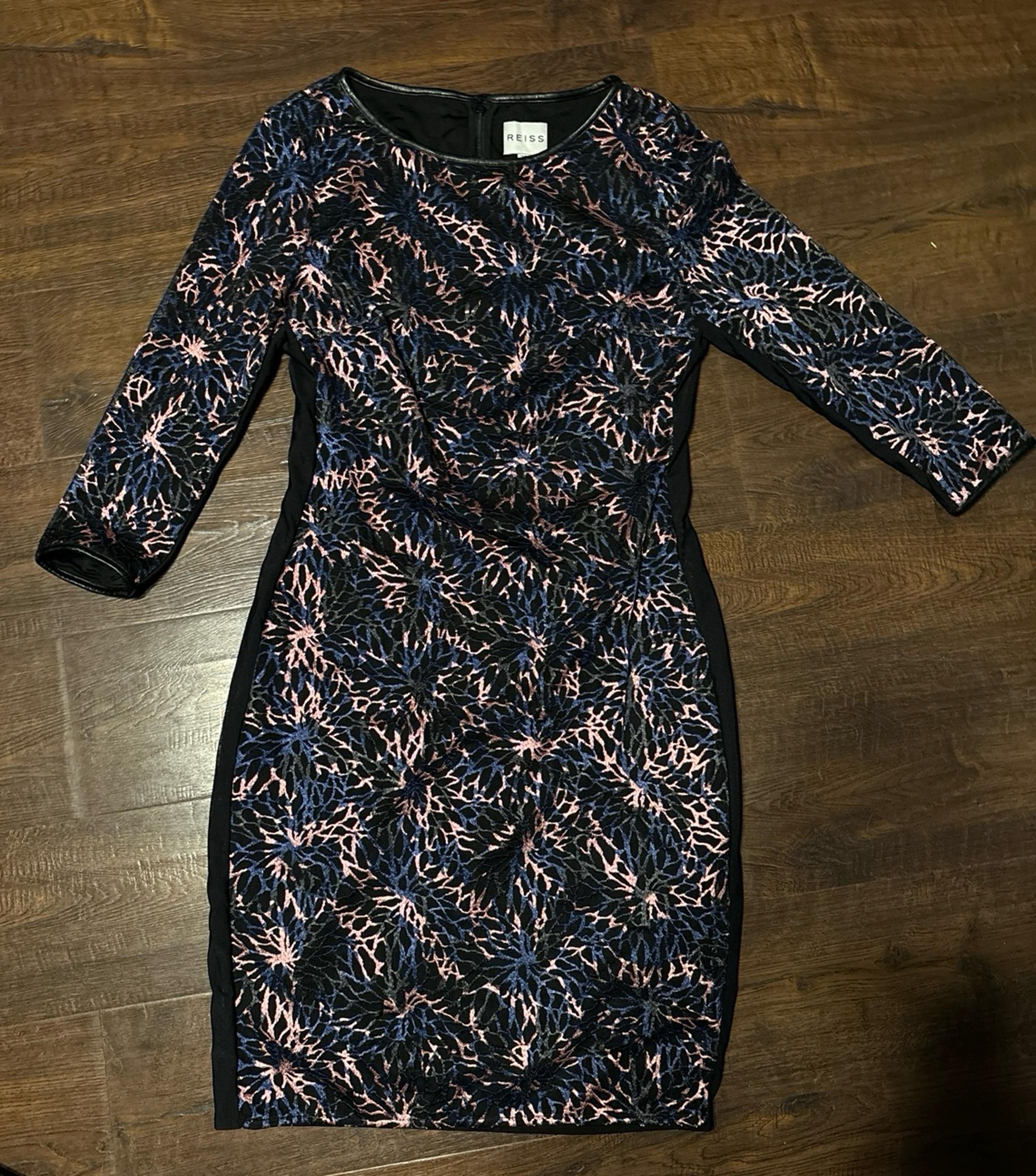 Reiss Wysteria Mesh Lace Bodycon Dress Pink Purple Black US Size 6 UK 10 EU 38