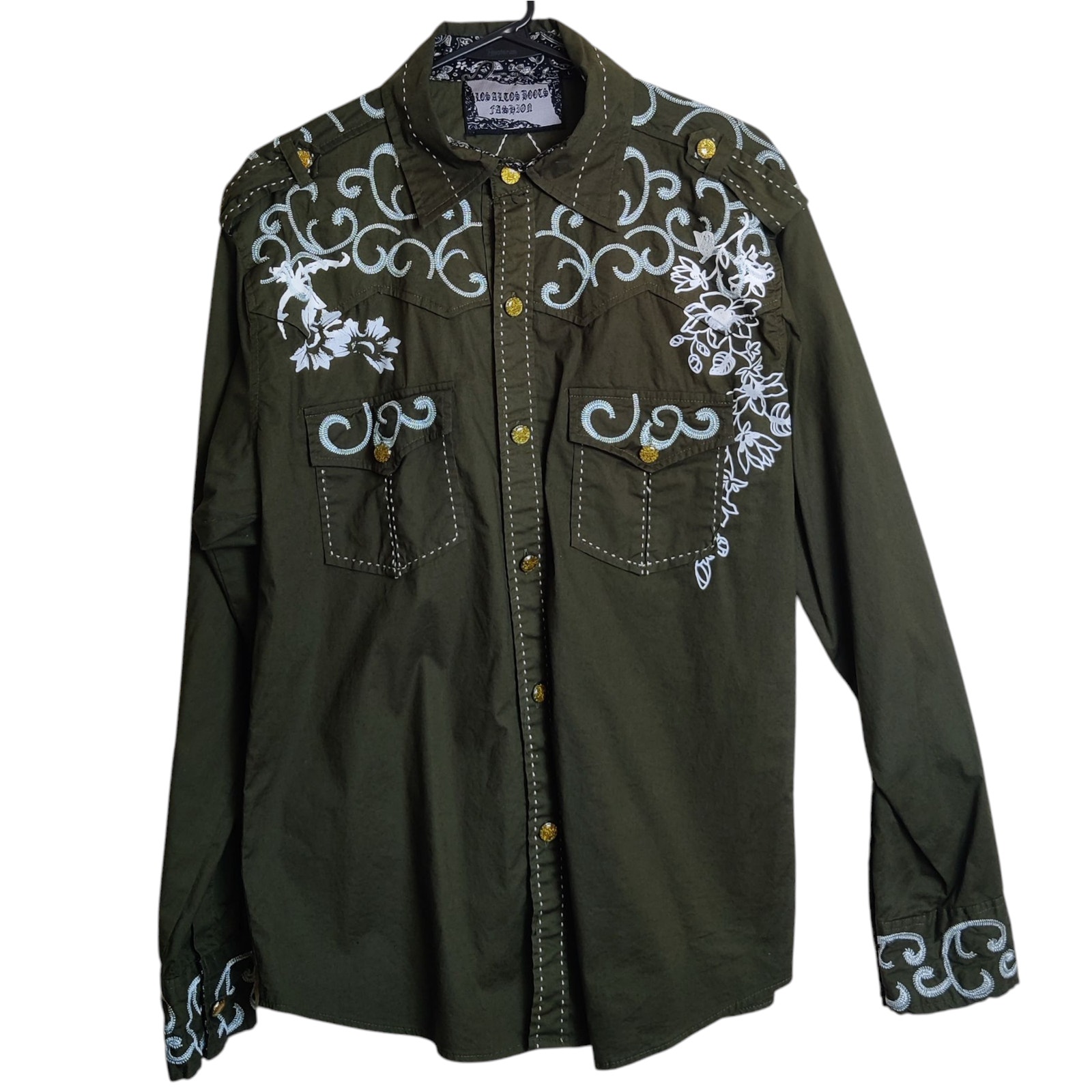 Y2K Los Altos Mens Western Embroidered Floral Snap Button Shirt Large Green