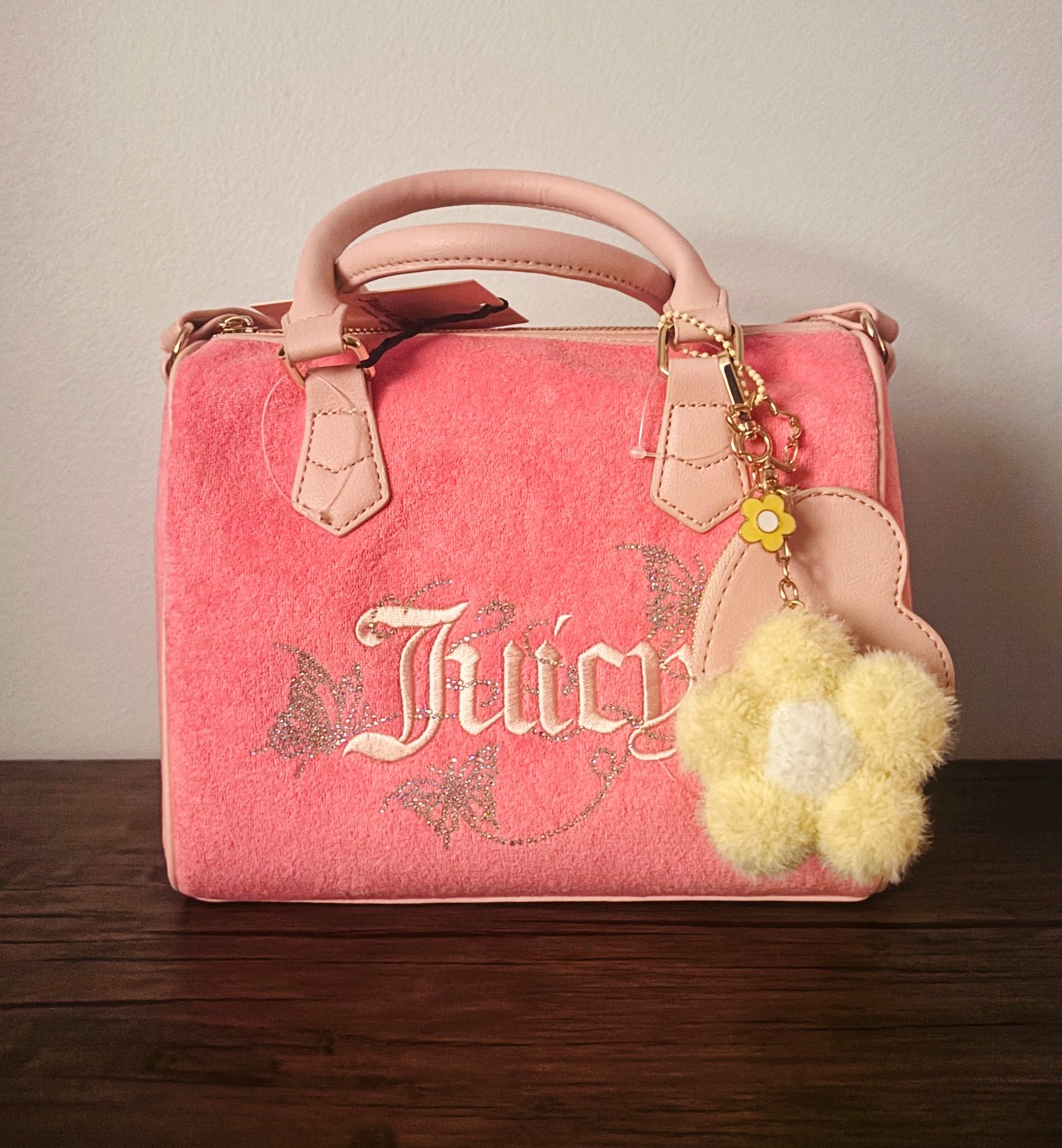 Juicy Couture Wingin It Speedy Satchel Pink Lemonade Rhinestone Butterflies New