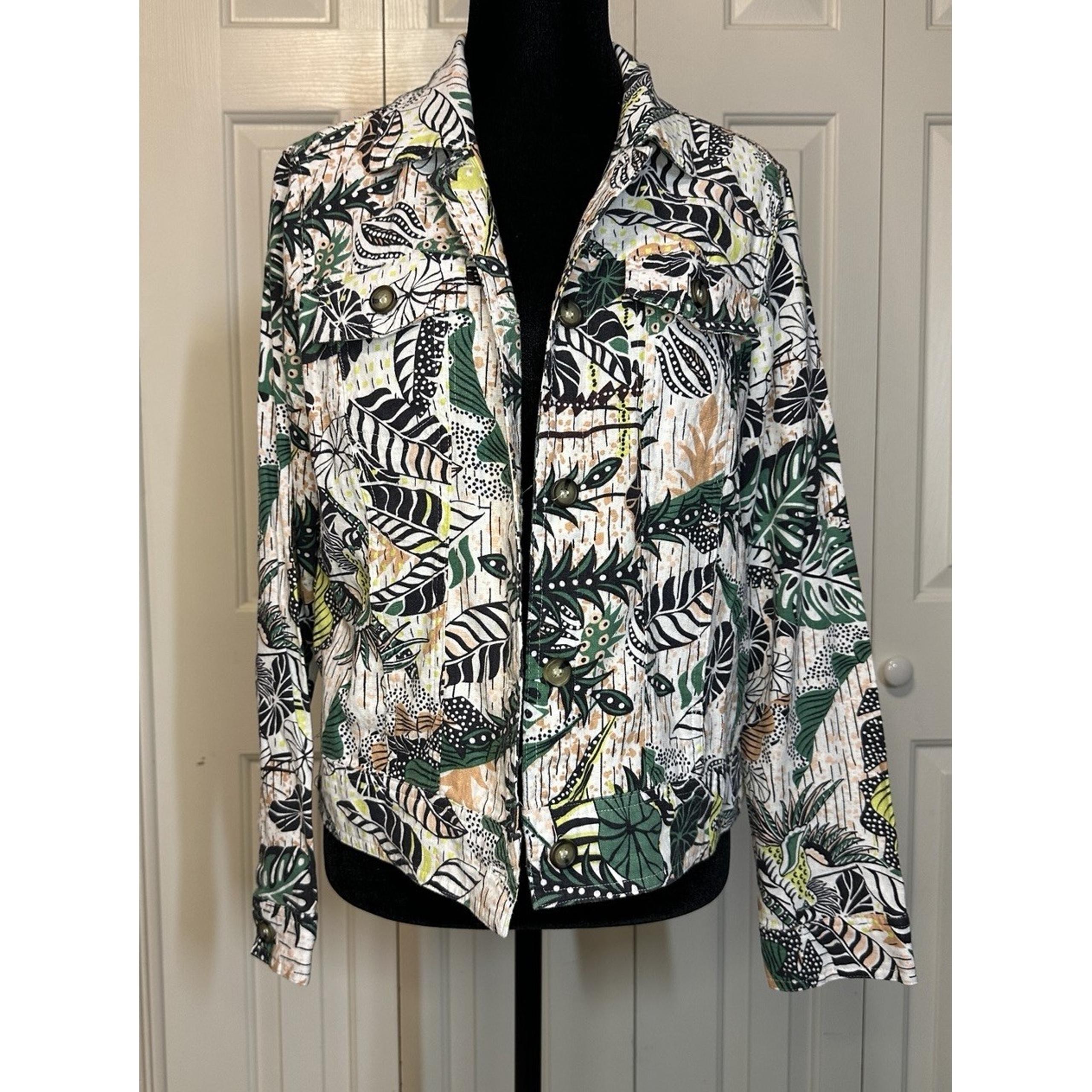 Tahari Linen Blend Tropical Button Up Jacket Vacation Resort Classic Small