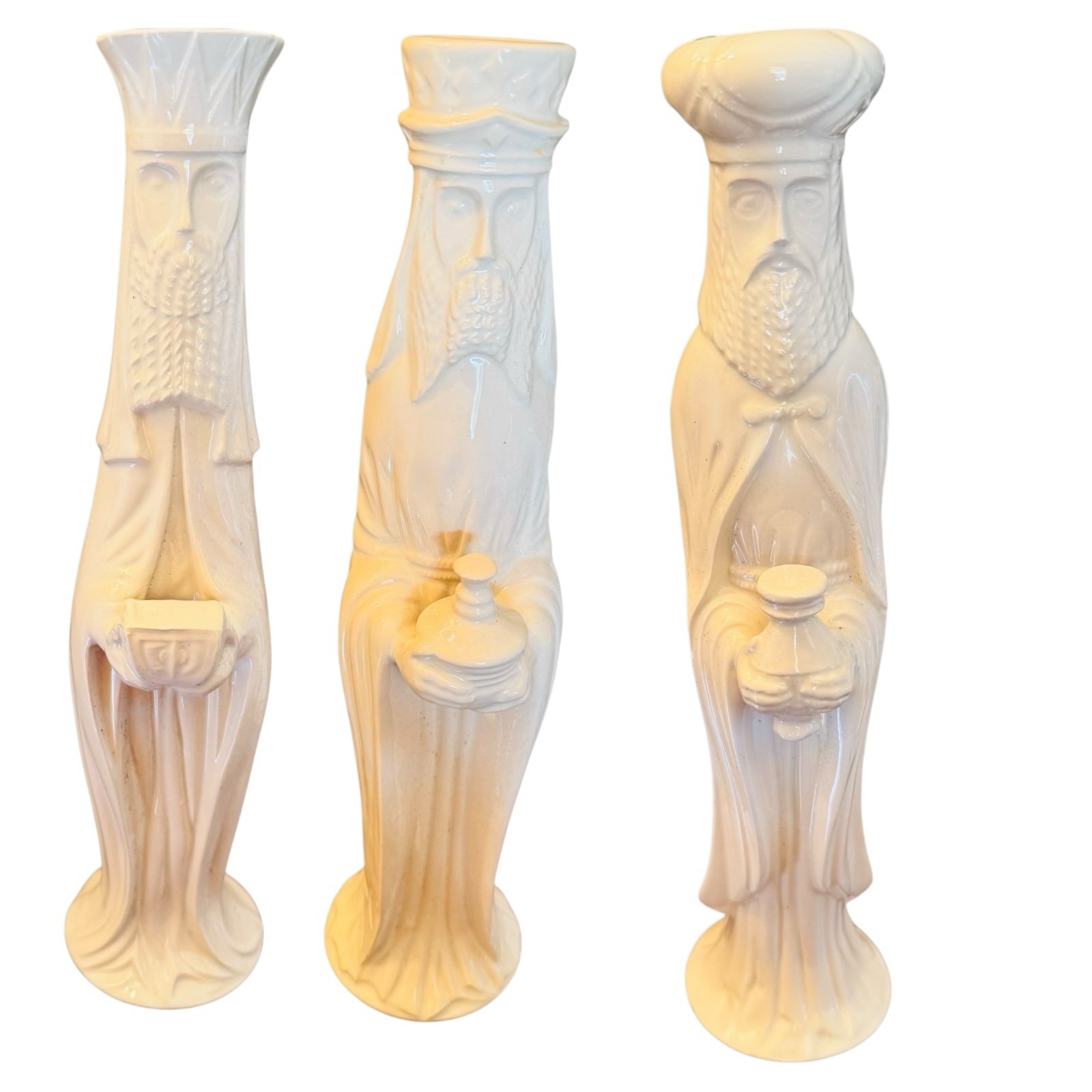 VTG Three Wise Men Figures MCM 13 Tall Ceramic Candle Holders Ivory /rb