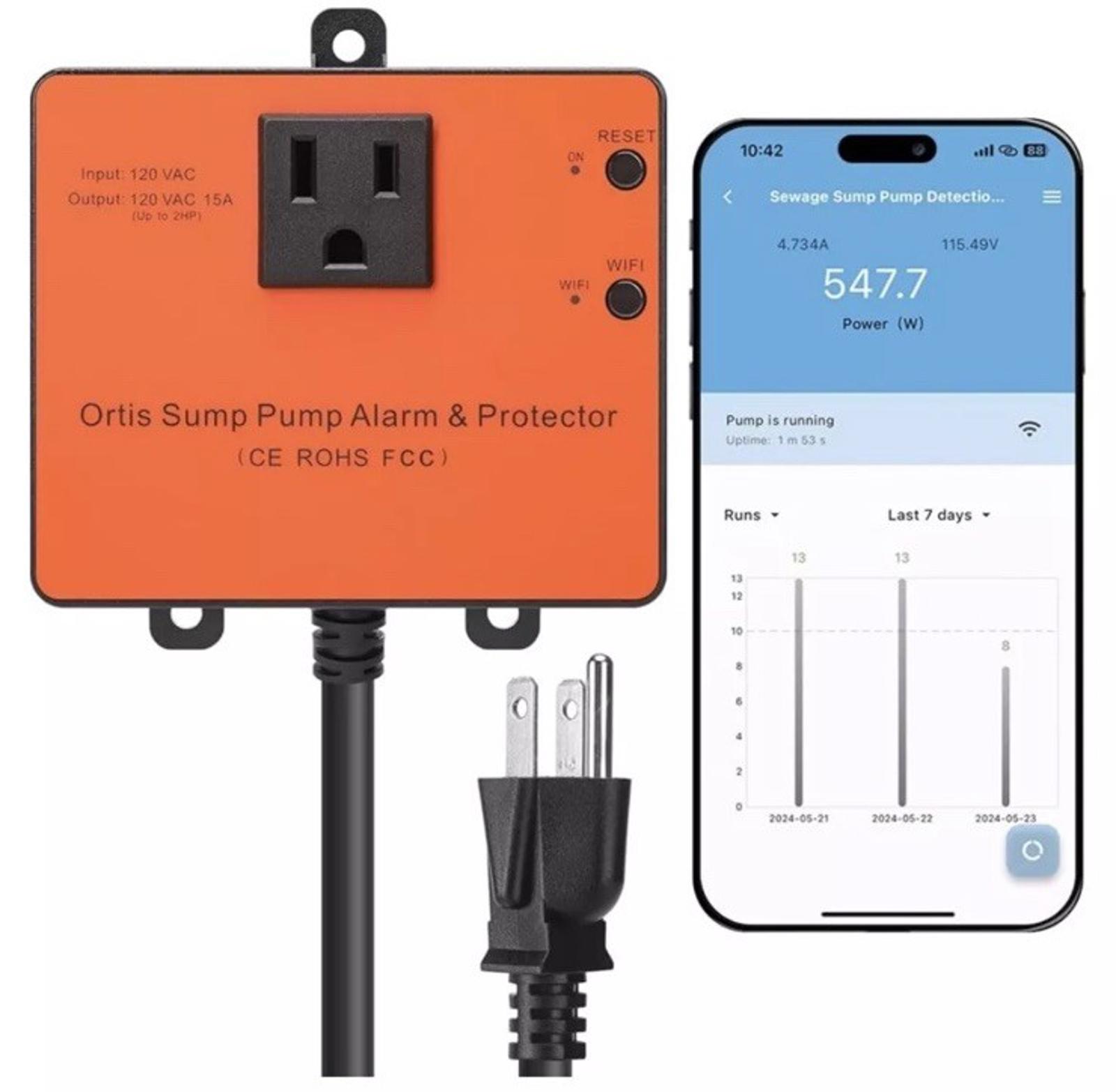 Ortis WiFi Sump Pump Monitor & Alarm, Real-Time Pump Status Monitoring, Auto