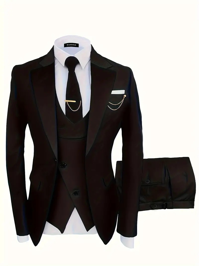 Formal 3 Pieces Set, Men's One Button Suit Jacket & Vest & Pants Suit Set For Bu