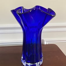 Cobalt Blue Glass Ruffle 10.5 in Vase Clear Base Vintage