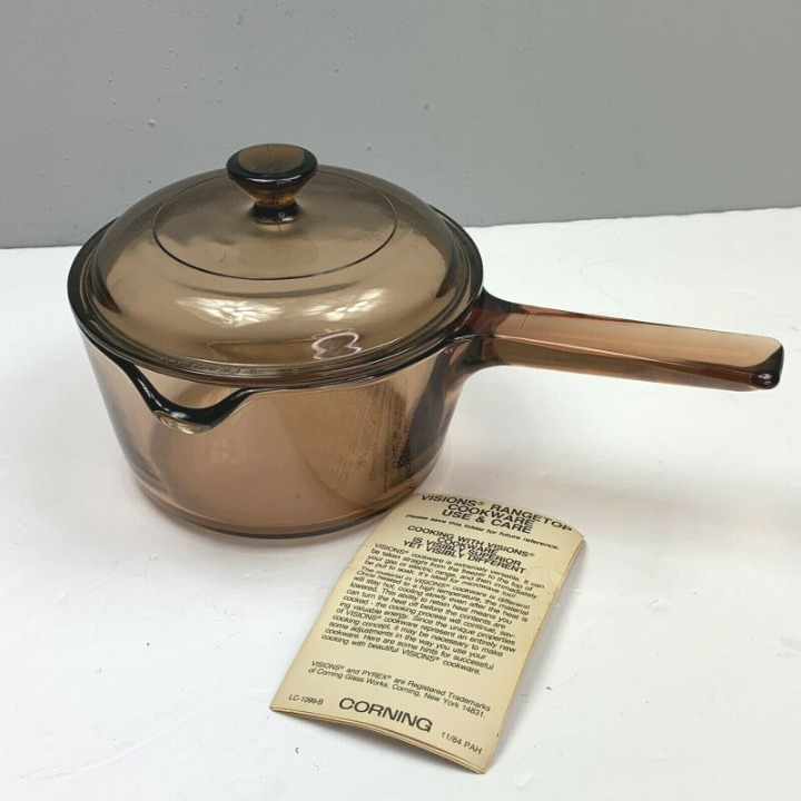 Vision Amber Glass Saucepan with Spout Lid Pyrex Brown Handle 1L Liter Paperwork