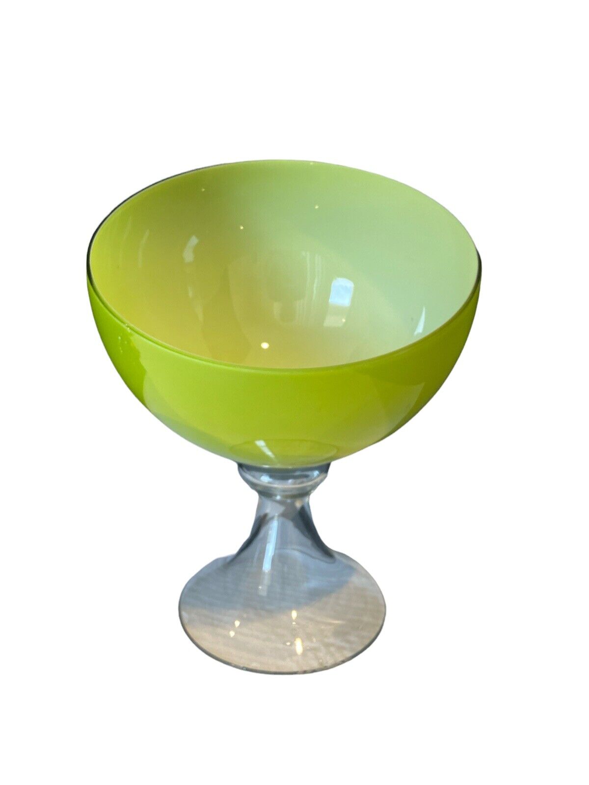 MID-CENTURY GLASS GREEN SLANT PEDESTAL LARGE BOWL WITH CLEAR BASE