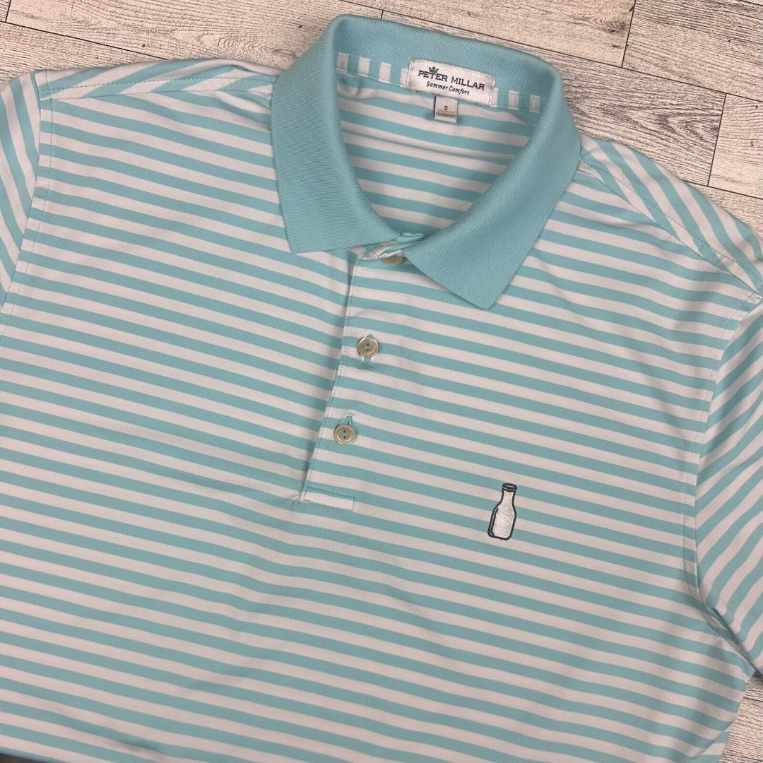 Peter Millar Summer Comfort Mens S Teal Striped McArthur Golf Club Logo Milk Jug