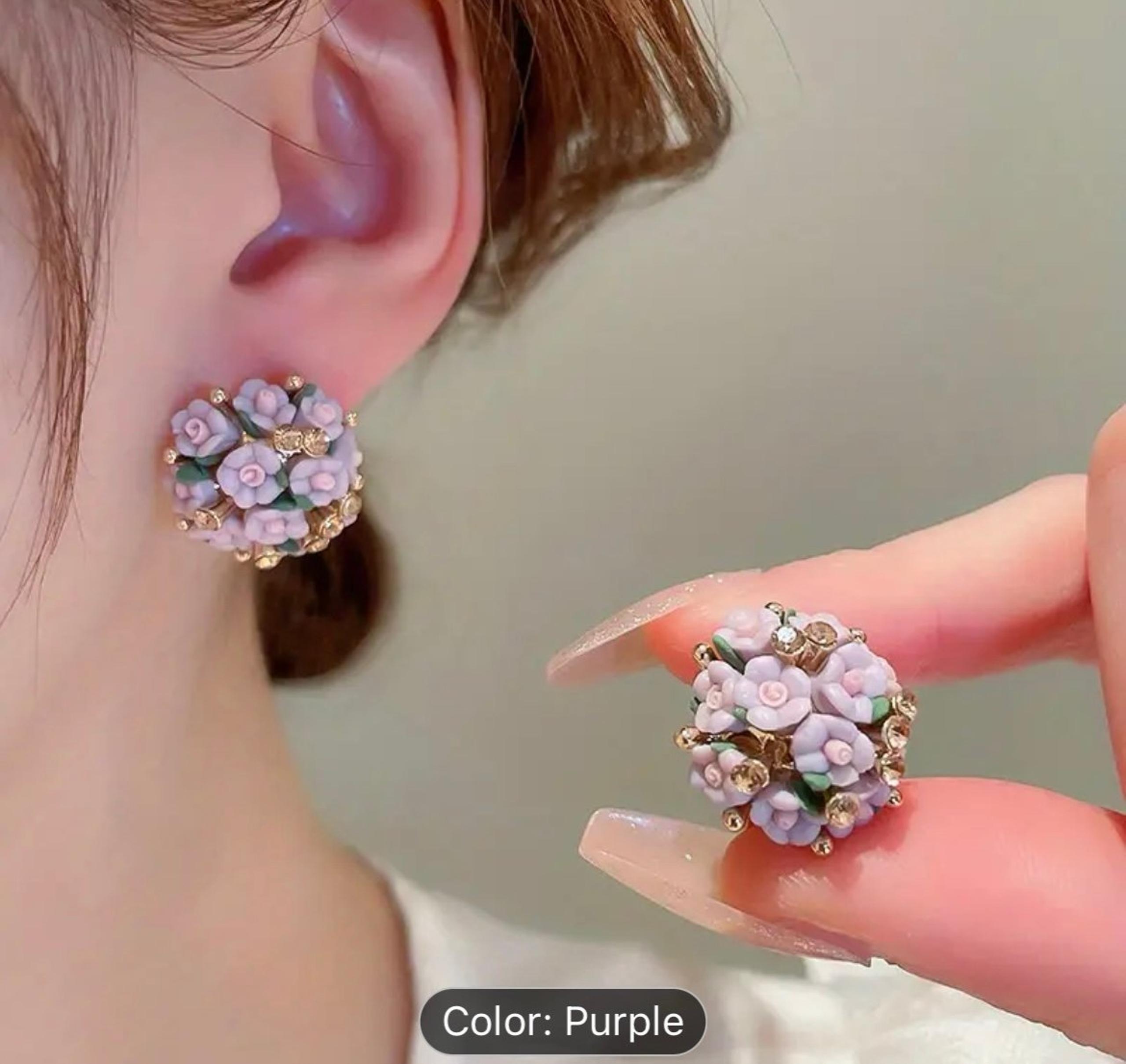 14k gold purple rose flowers earrings