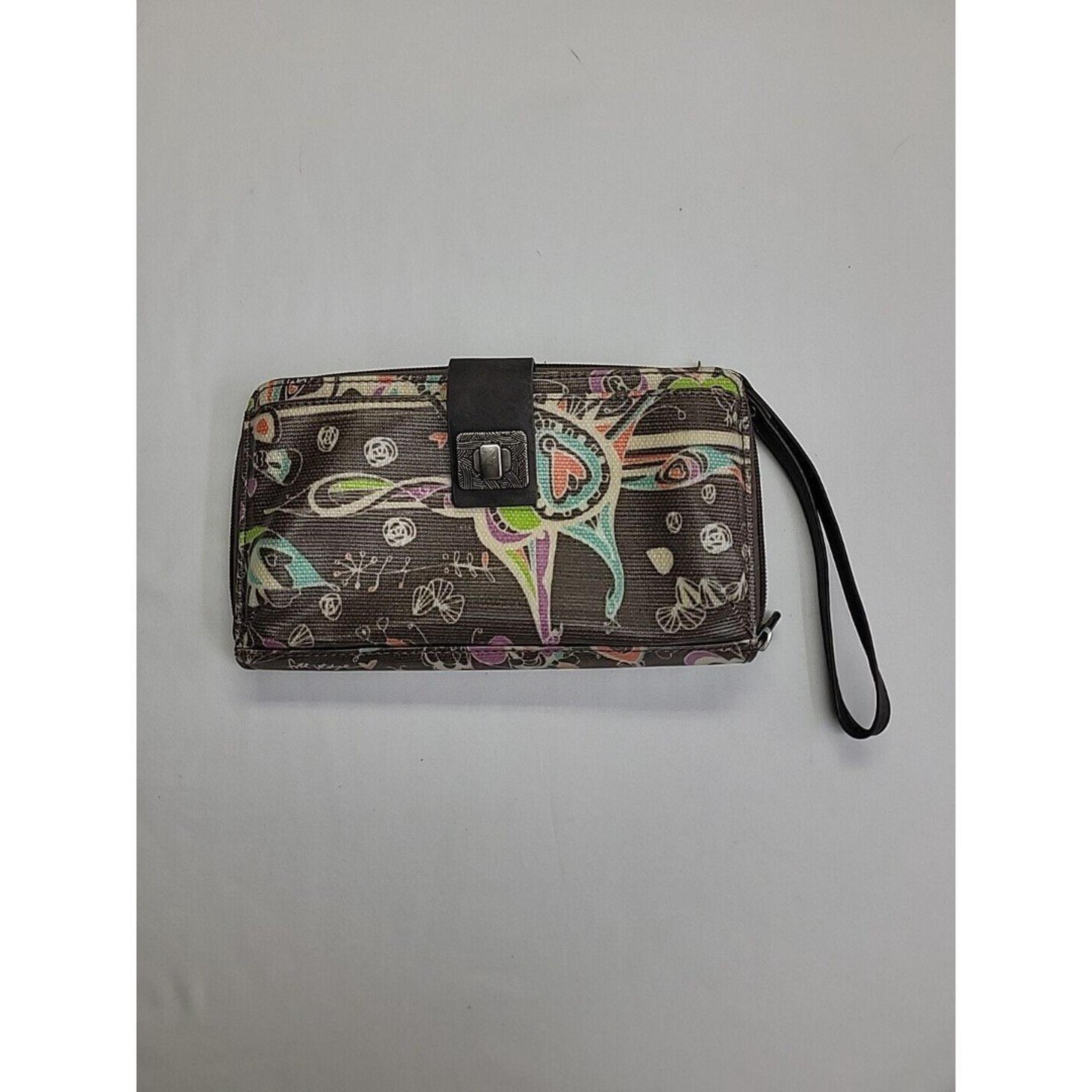 Sakroots Multicolor Wristlet Wallet  Women Removable Strap Brown Heart Whimsical