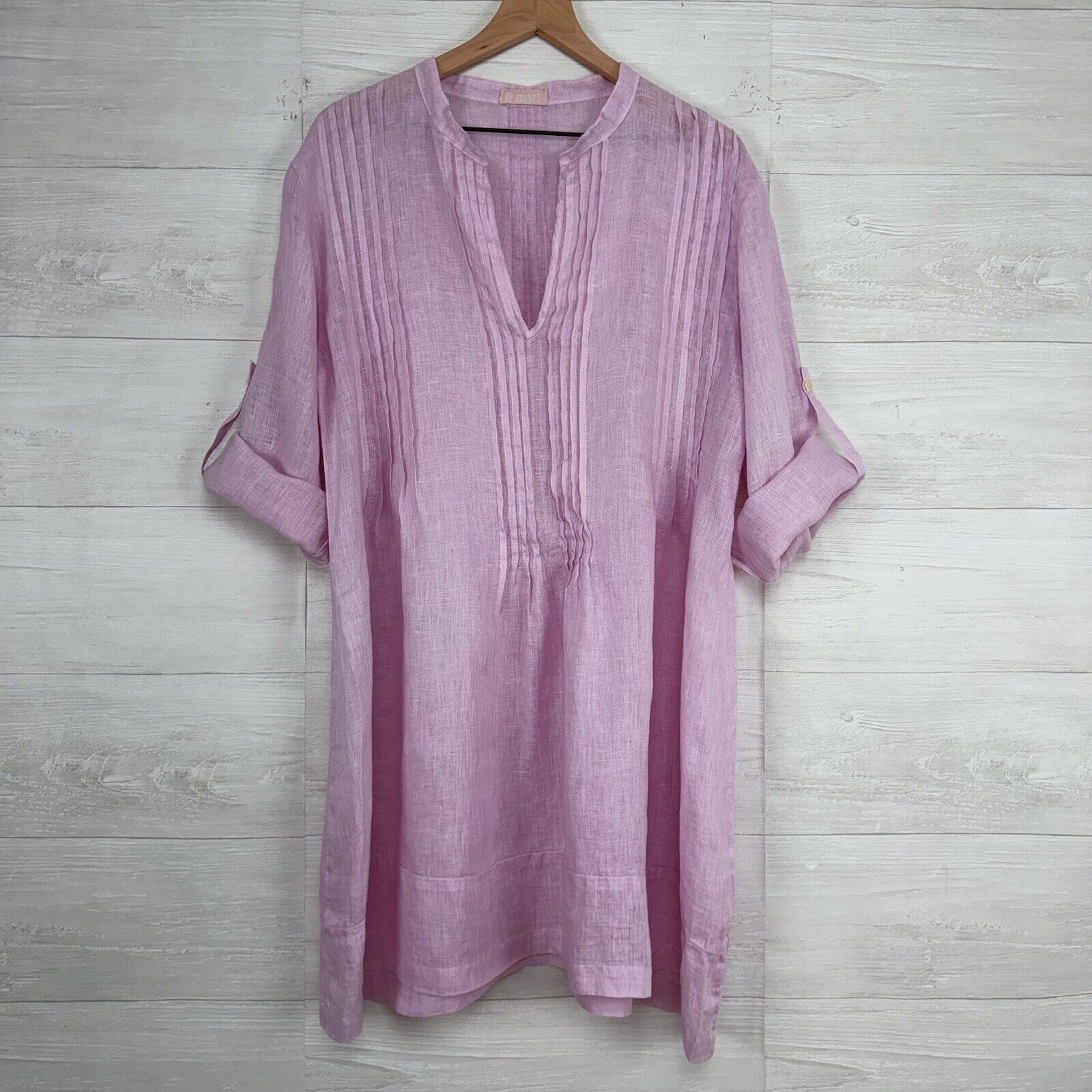 CP Shades Regina Linen Popover Tunic Top L Pink Pintuck 3/4 Roll Sleeve Beach