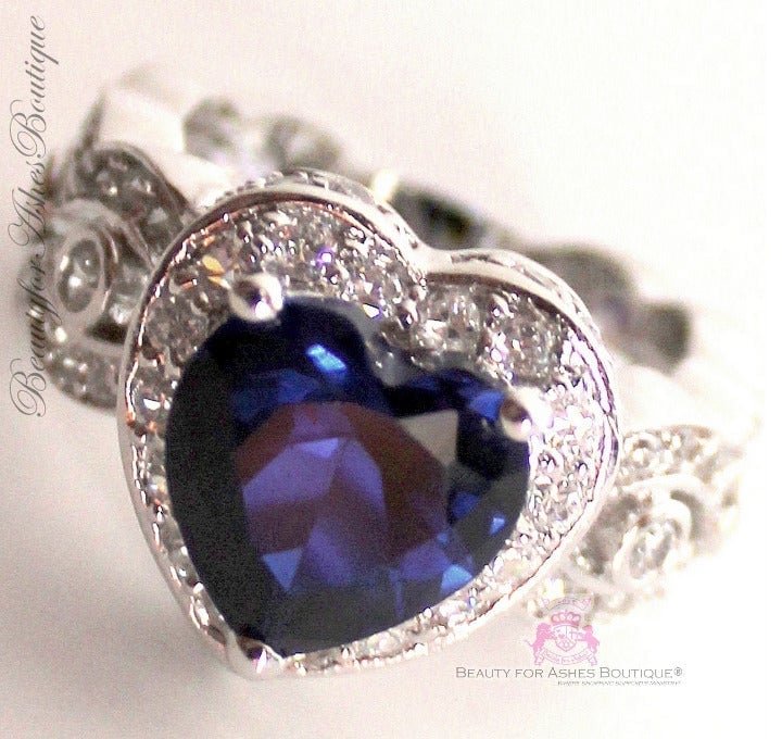Heart for Jerusalem Deep Sapphire Blue Cz 18K White Gold Plated Cocktail Ring 8