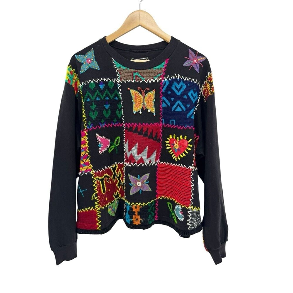 Vintage For Your America's Favorite Sweatshirt Crochet Patchwork Boho Beaded L