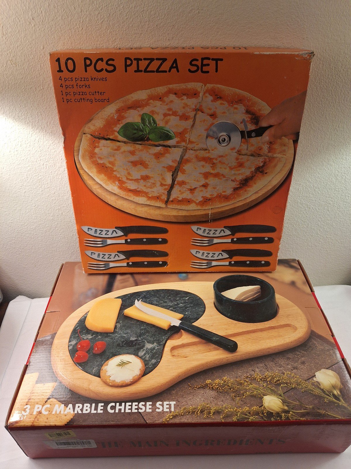 New In Box! 3 Pcs Marble Cheese Board Set + 10 Pcs Pizza Set / Party / Cutlery