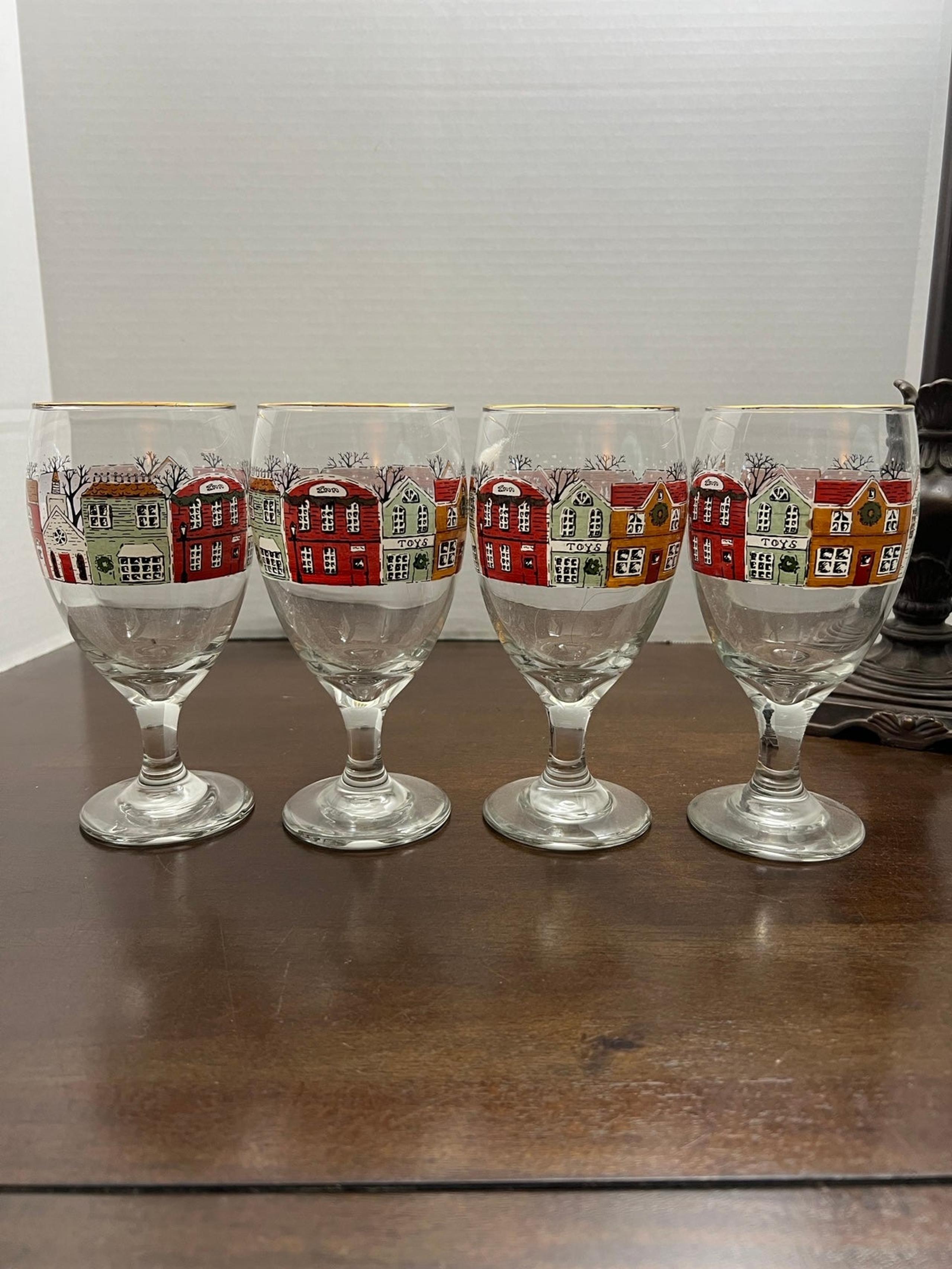 LIBBEY Glasses Goblets Winter Scene Christmas Village Vtg Vintage Set 2