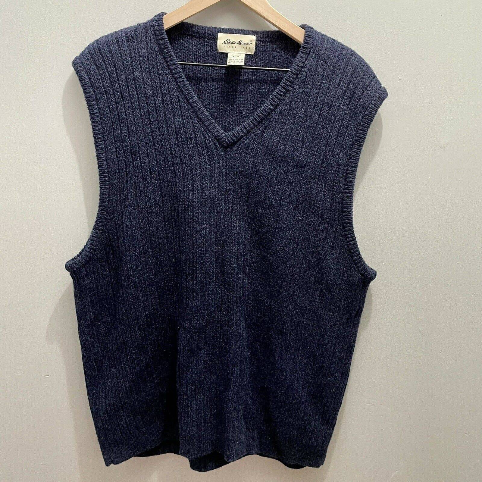 Eddie Bauer 100% Wool grandpa oversized sweater vest navy Large 90s y2k Style