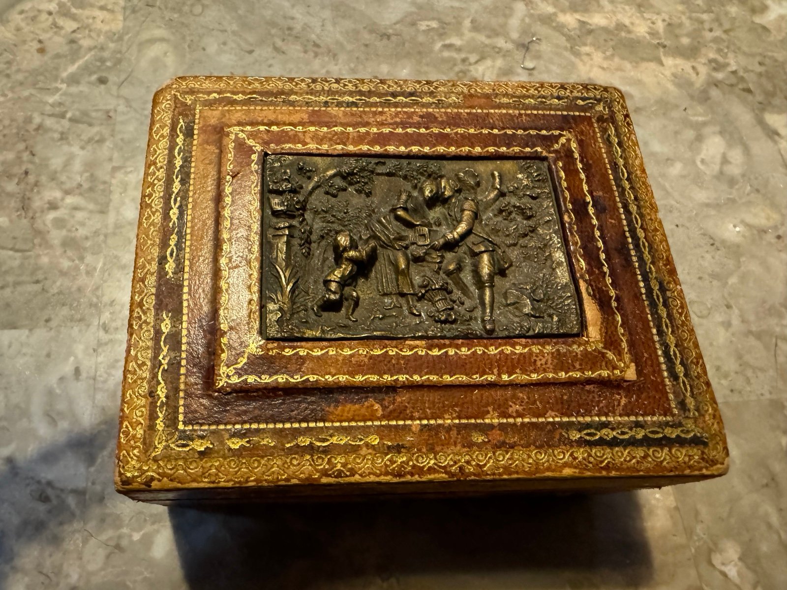 Vintage 19th Century French Trinket Box Leather with Wood Lining Metal scene