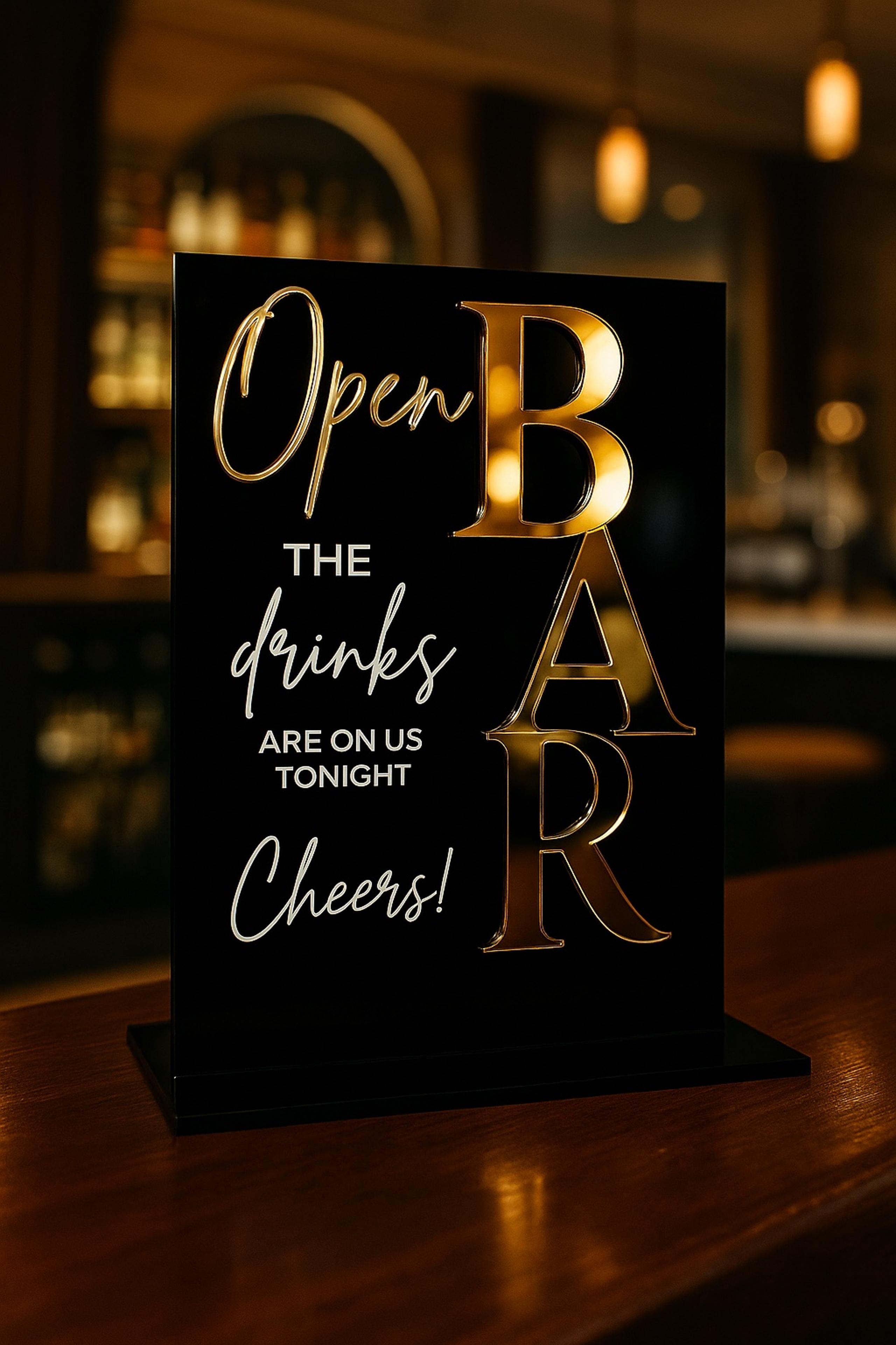 Luxury Black & Gold Open Bar Sign – Wedding Reception Acrylic Drink Sign