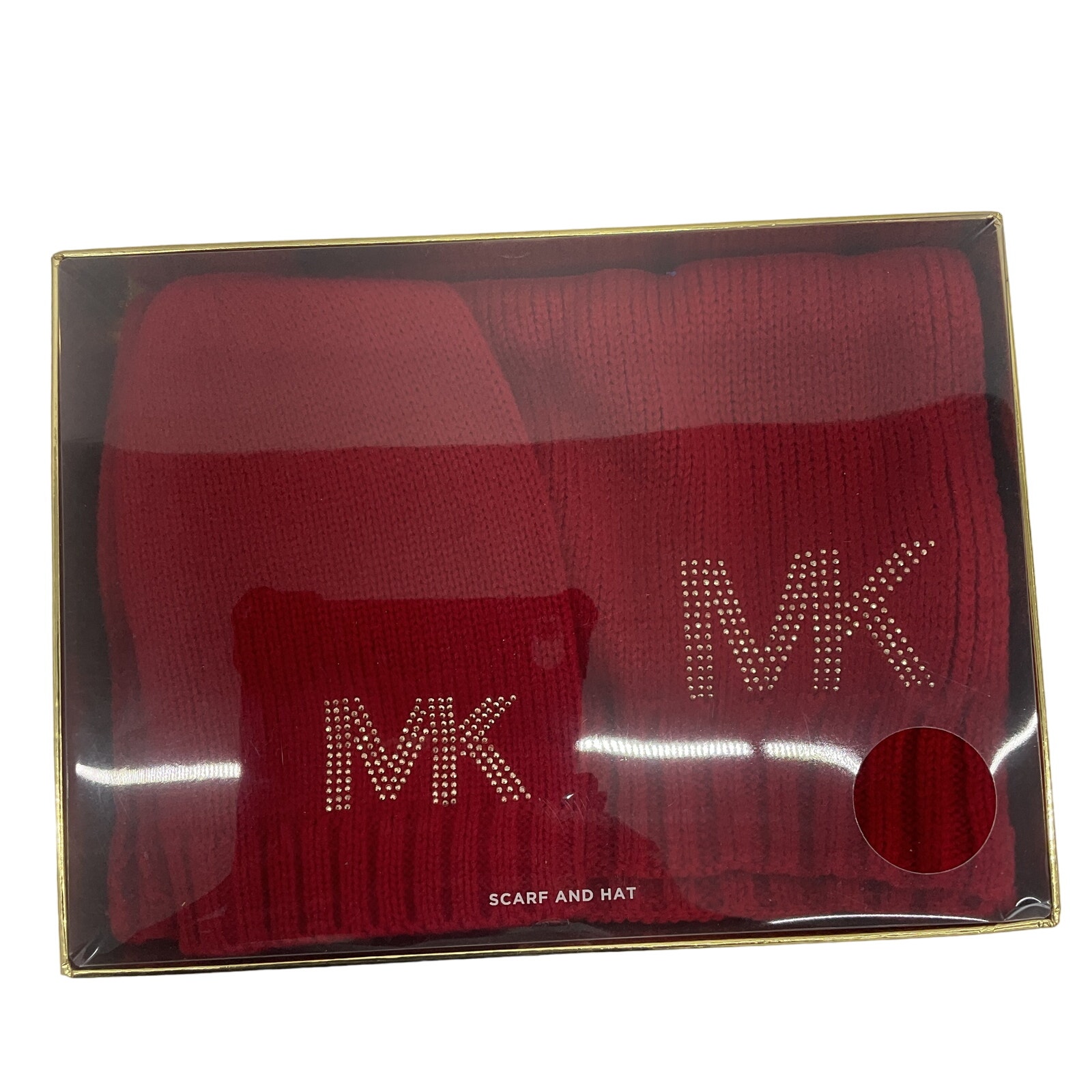 Michael Kors Women Red Knit Silver Rhinestone Scarf Beanie Cap Set - New in Box