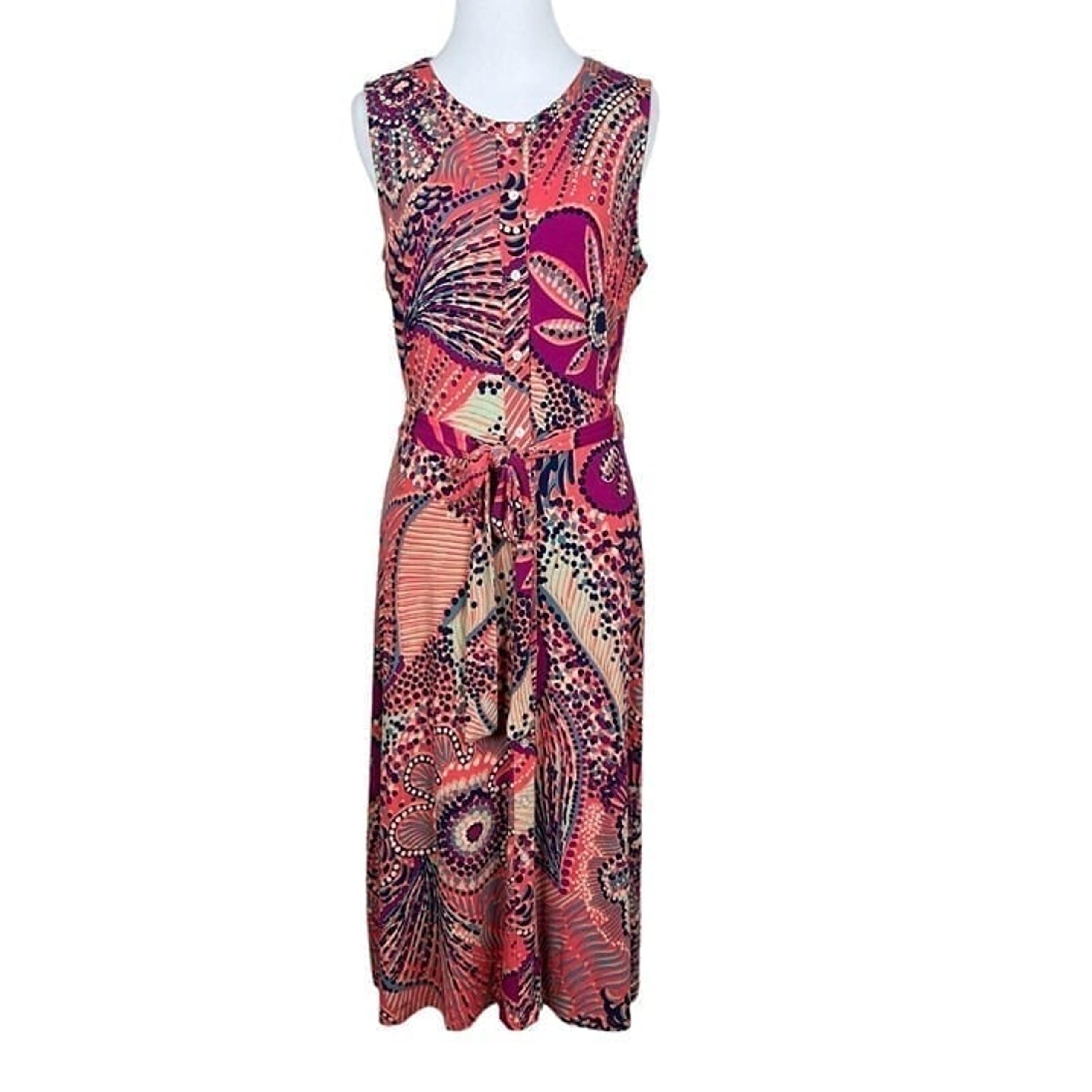Tommy Bahama Dress Womens Small Pink Midi Sleeveless Belted Button Up Printed S