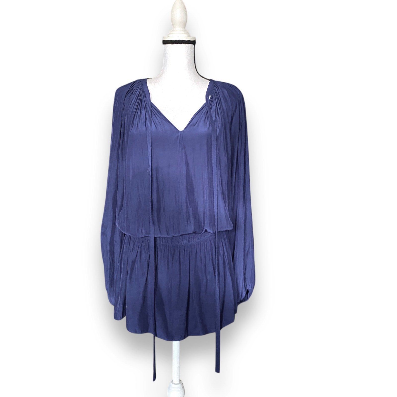Ramy Brook Paris Blouson Mini Dress Sz XS/S Blue Long Balloon Sleeves Boho Chic